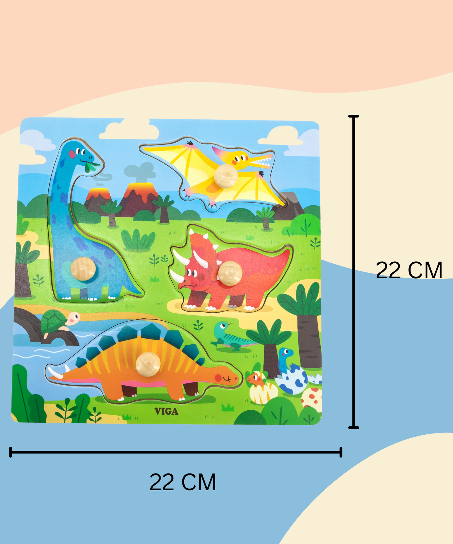 Viga Dinosaurs, 4 Piece Knob Puzzle, Montessori Wooden Toy, Develops Sensory, Cognitive & Fine Motor Skills, Non-Toxic & Eco-friendly Kids Educational Toy, Suitable for Boys and Girls Aged 12M+