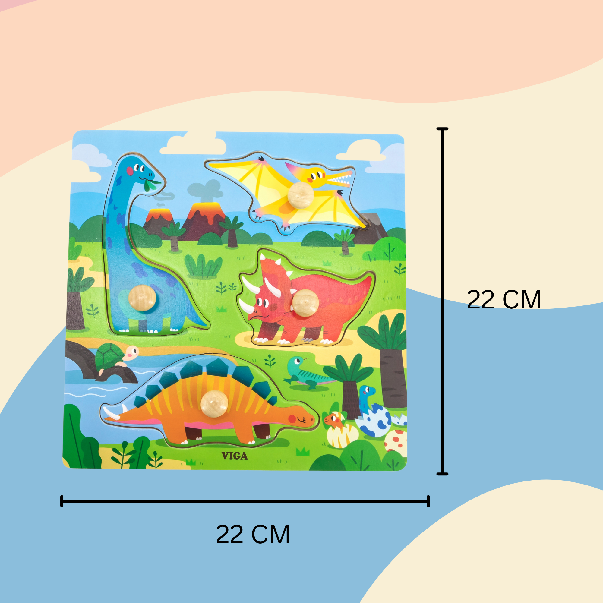 Viga Dinosaurs, 4 Piece Knob Puzzle, Montessori Wooden Toy, Develops Sensory, Cognitive & Fine Motor Skills, Non-Toxic & Eco-friendly Kids Educational Toy, Suitable for Boys and Girls Aged 12M+