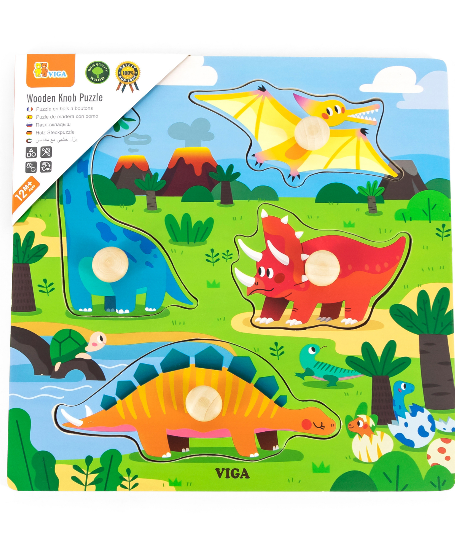 Viga Dinosaurs, 4 Piece Knob Puzzle, Montessori Wooden Toy, Develops Sensory, Cognitive & Fine Motor Skills, Non-Toxic & Eco-friendly Kids Educational Toy, Suitable for Boys and Girls Aged 12M+