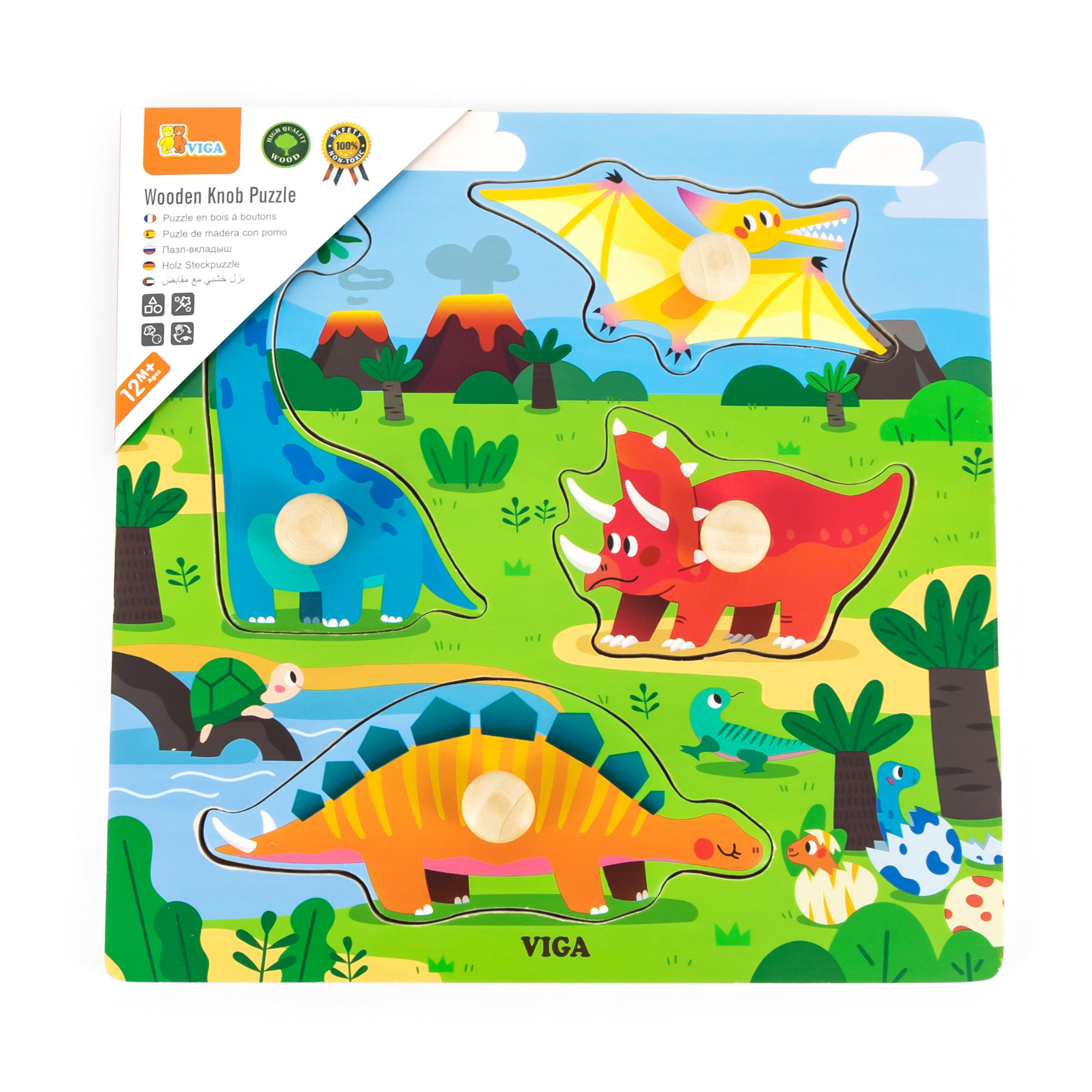 Viga Dinosaurs, 4 Piece Knob Puzzle, Montessori Wooden Toy, Develops Sensory, Cognitive & Fine Motor Skills, Non-Toxic & Eco-friendly Kids Educational Toy, Suitable for Boys and Girls Aged 12M+