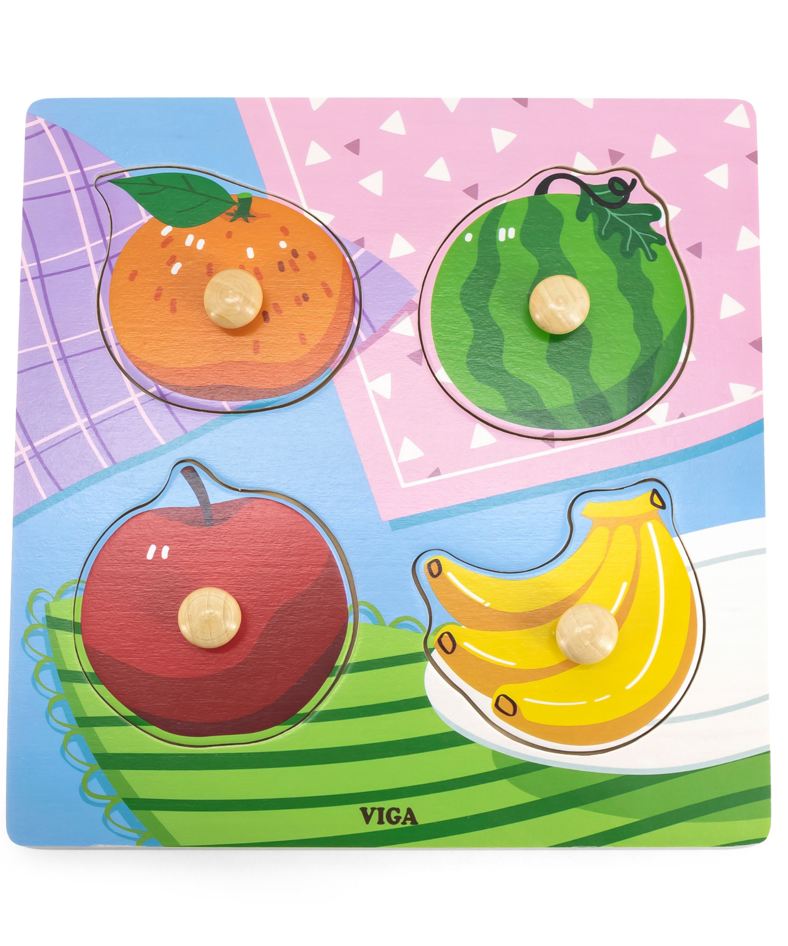 Viga Fruits, 4 Piece Knob Puzzle, Montessori Wooden Toy, Develops Sensory, Cognitive & Fine Motor Skills, Non-Toxic & Eco-friendly Kids Educational Toy, Suitable for Boys & Girls Aged 12M+