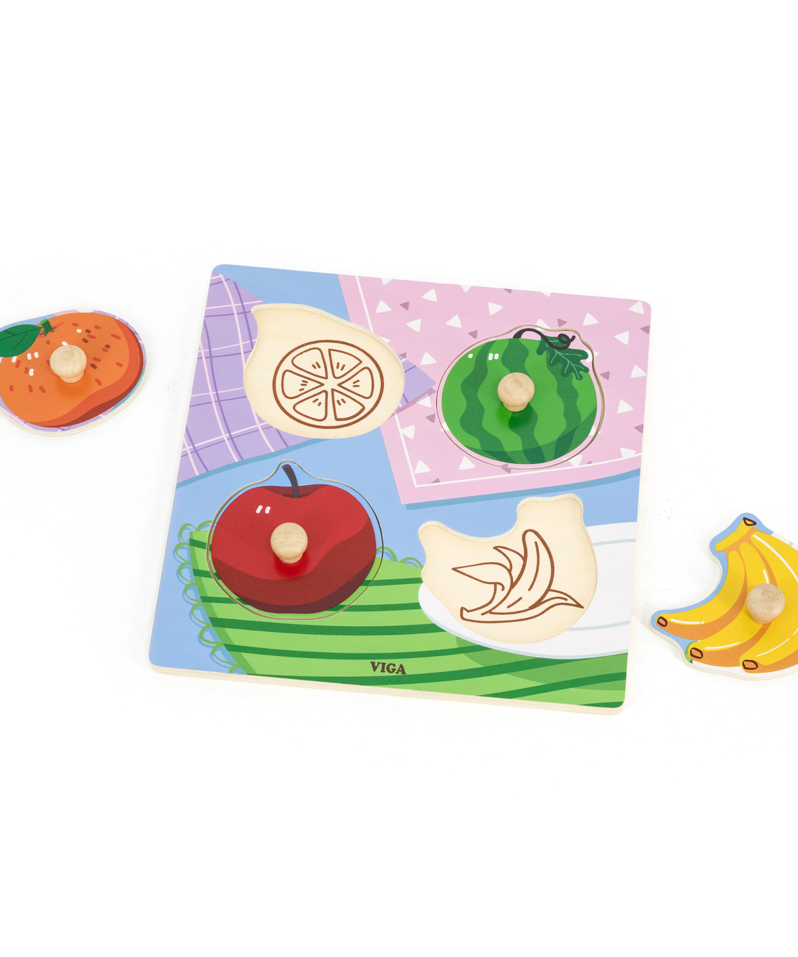 Viga Fruits, 4 Piece Knob Puzzle, Montessori Wooden Toy, Develops Sensory, Cognitive & Fine Motor Skills, Non-Toxic & Eco-friendly Kids Educational Toy, Suitable for Boys & Girls Aged 12M+