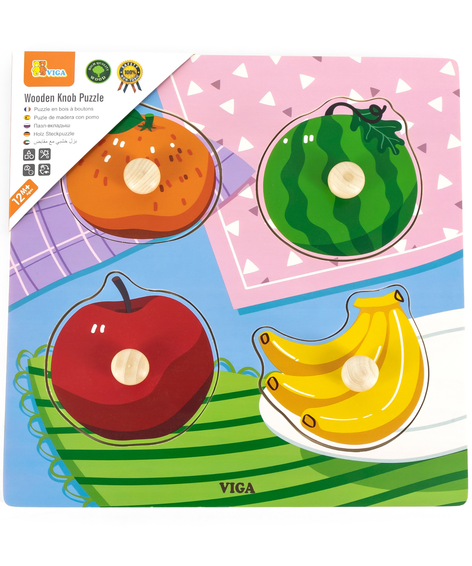 Viga Fruits, 4 Piece Knob Puzzle, Montessori Wooden Toy, Develops Sensory, Cognitive & Fine Motor Skills, Non-Toxic & Eco-friendly Kids Educational Toy, Suitable for Boys & Girls Aged 12M+