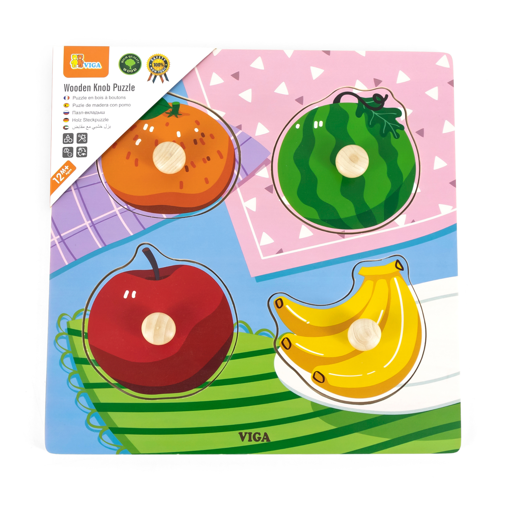 Viga Fruits, 4 Piece Knob Puzzle, Montessori Wooden Toy, Develops Sensory, Cognitive & Fine Motor Skills, Non-Toxic & Eco-friendly Kids Educational Toy, Suitable for Boys & Girls Aged 12M+