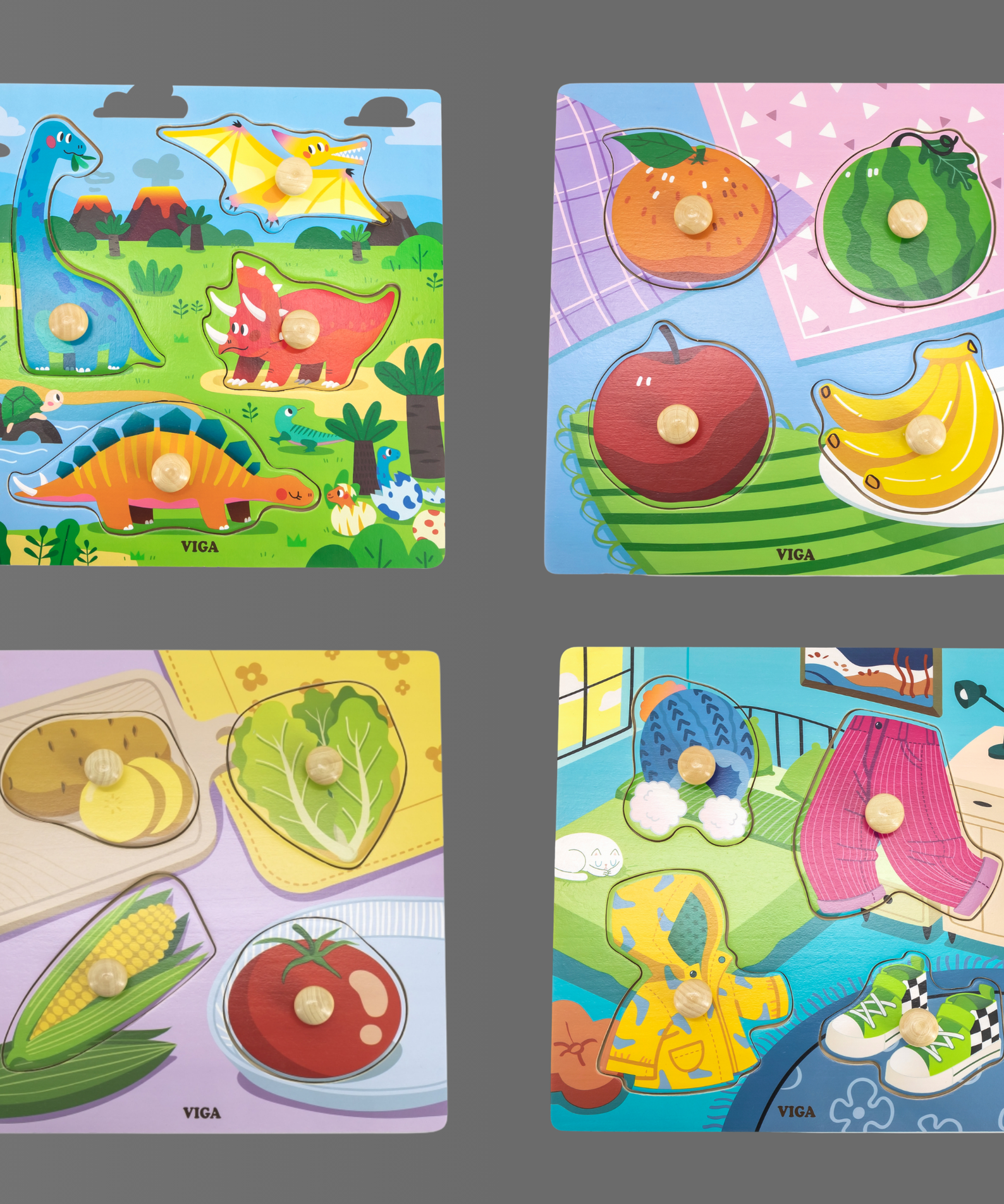 Viga Fruits, 4 Piece Knob Puzzle, Montessori Wooden Toy, Develops Sensory, Cognitive & Fine Motor Skills, Non-Toxic & Eco-friendly Kids Educational Toy, Suitable for Boys & Girls Aged 12M+