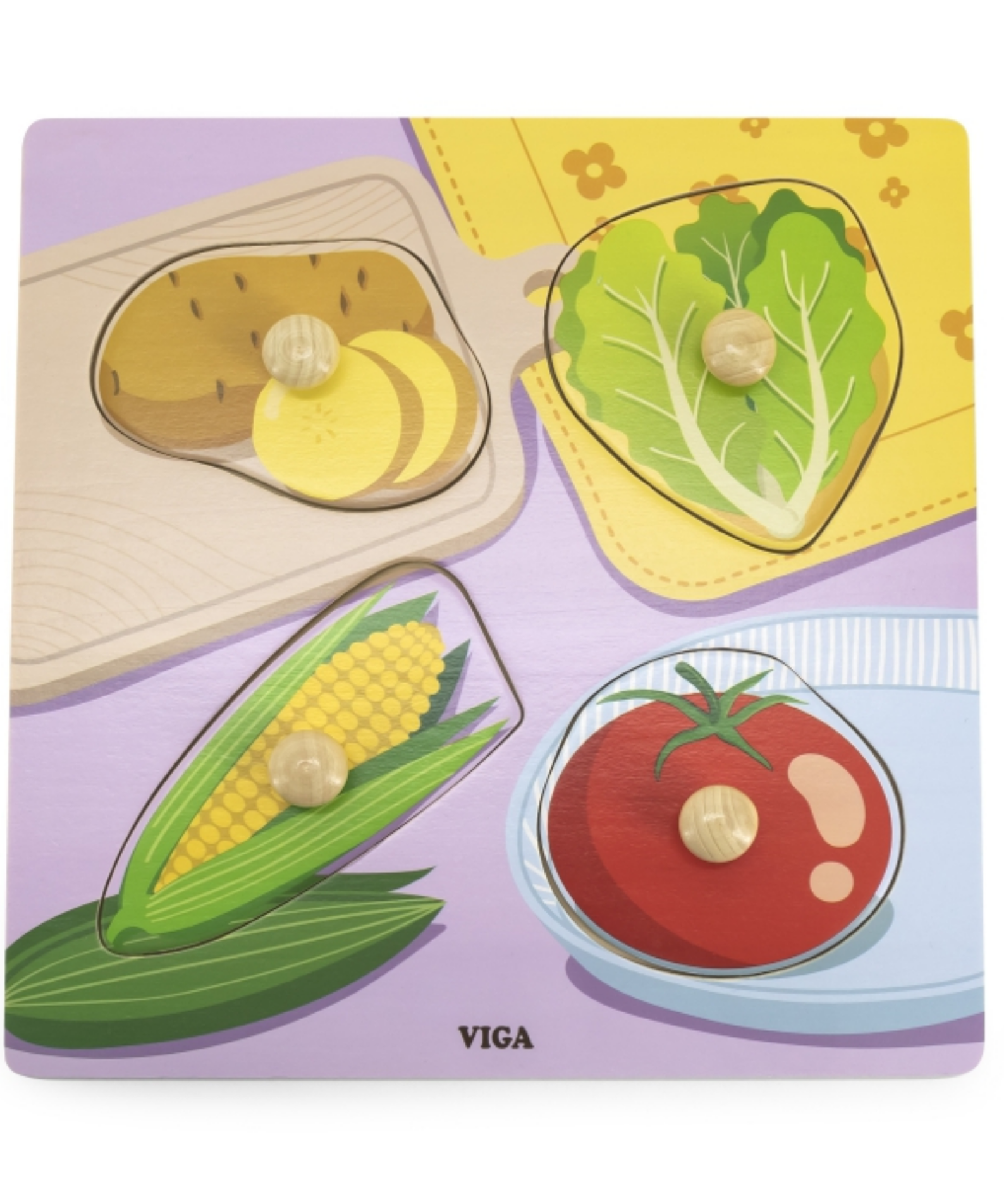 Viga Vegetables, 4 Piece Knob Puzzle, Montessori Wooden Toy, Develops Sensory, Cognitive & Fine Motor Skills, Non-Toxic & Eco-friendly Kids Educational Toy, Suitable for Boys & Girls Aged 12M+