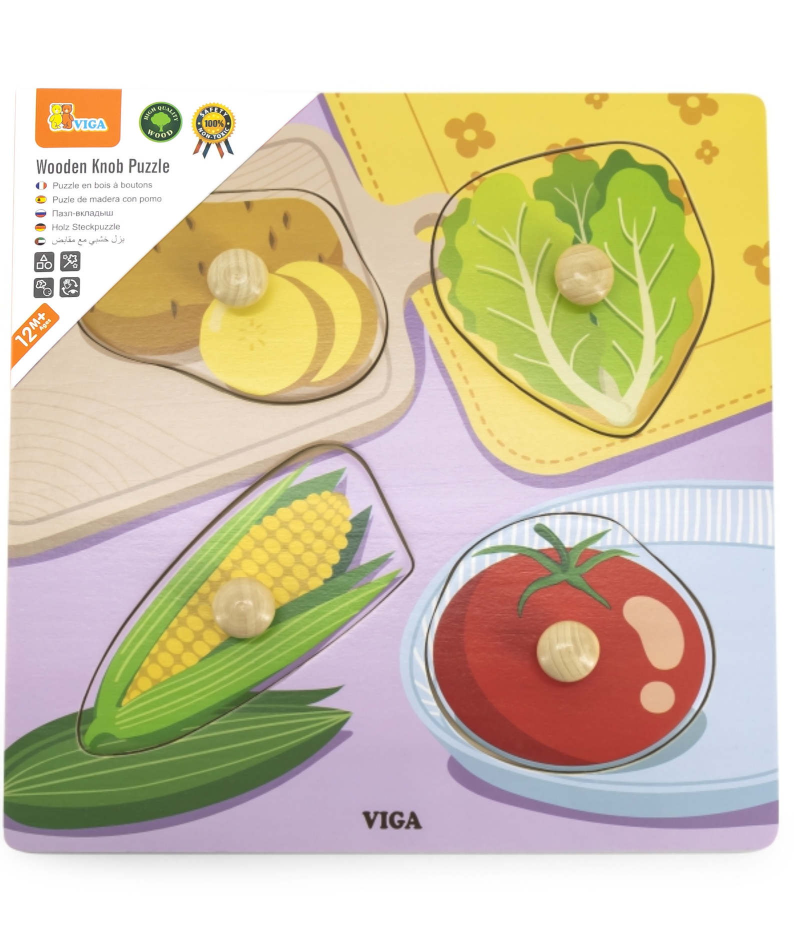 Viga Vegetables, 4 Piece Knob Puzzle, Montessori Wooden Toy, Develops Sensory, Cognitive & Fine Motor Skills, Non-Toxic & Eco-friendly Kids Educational Toy, Suitable for Boys & Girls Aged 12M+