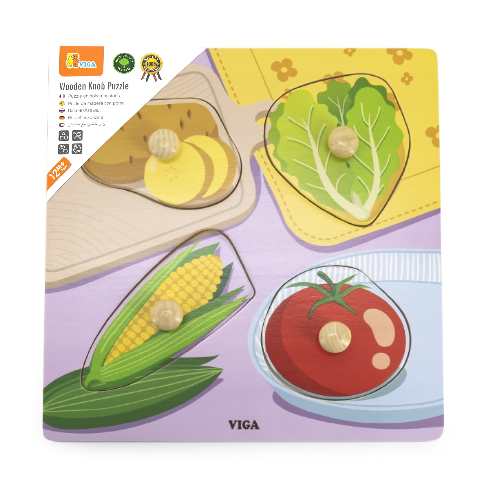 Viga Vegetables, 4 Piece Knob Puzzle, Montessori Wooden Toy, Develops Sensory, Cognitive & Fine Motor Skills, Non-Toxic & Eco-friendly Kids Educational Toy, Suitable for Boys & Girls Aged 12M+