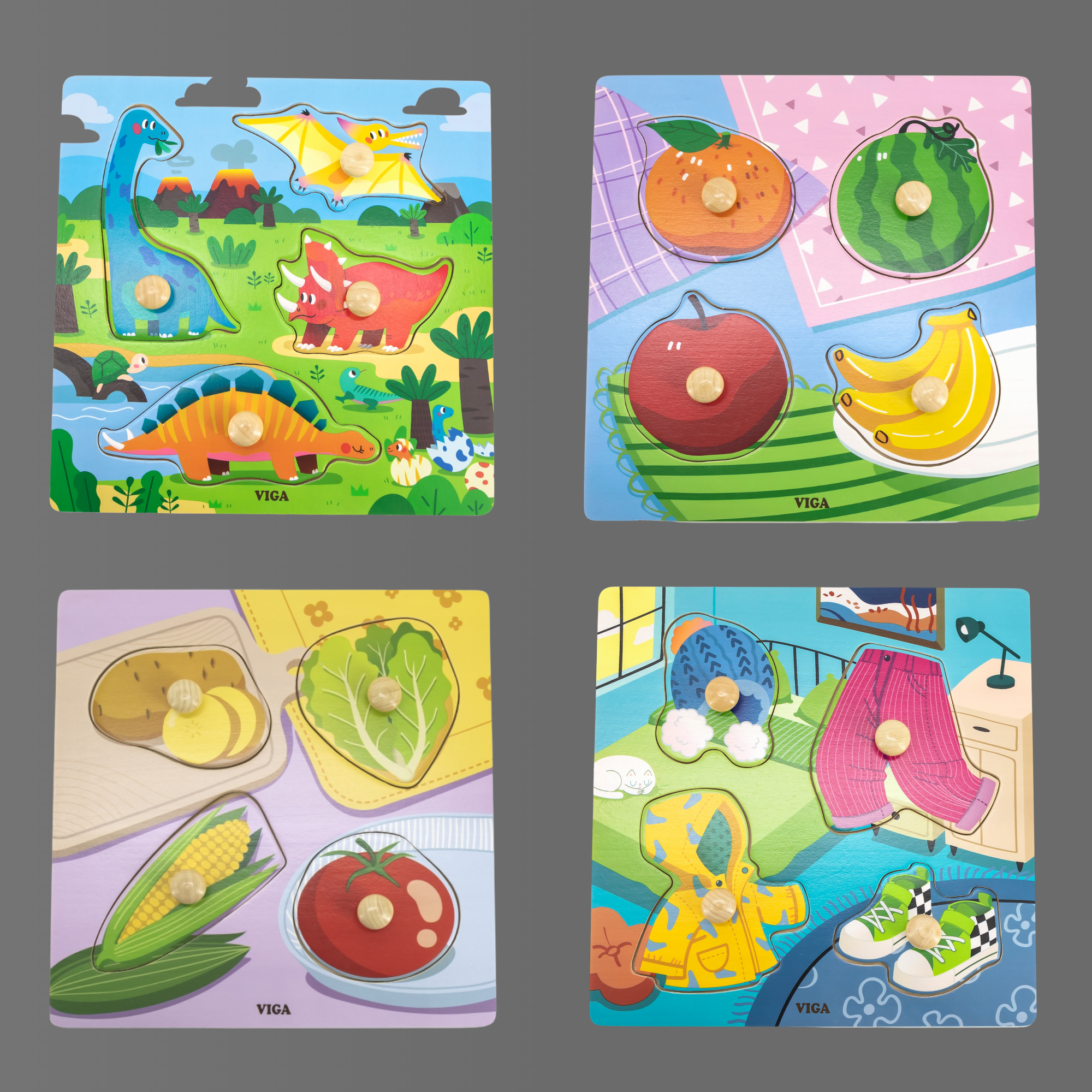 Viga Vegetables, 4 Piece Knob Puzzle, Montessori Wooden Toy, Develops Sensory, Cognitive & Fine Motor Skills, Non-Toxic & Eco-friendly Kids Educational Toy, Suitable for Boys & Girls Aged 12M+