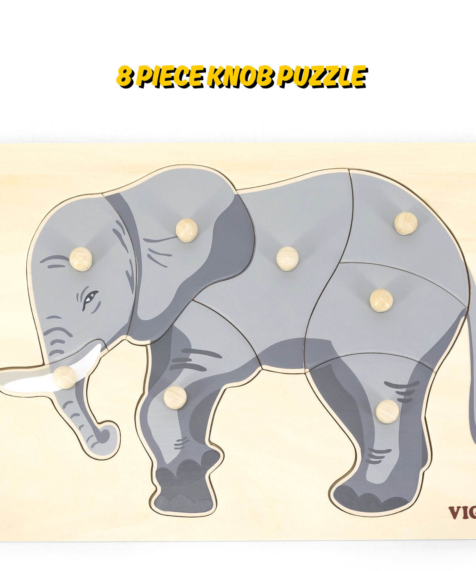 Viga Elephant, 8 Piece Knob Puzzle, Montessori Wooden Toy, Develops Sensory, Cognitive & Fine Motor Skills, Non-Toxic & Eco-friendly Kids Educational Toy, Suitable for Boys and Girls Aged 18M+