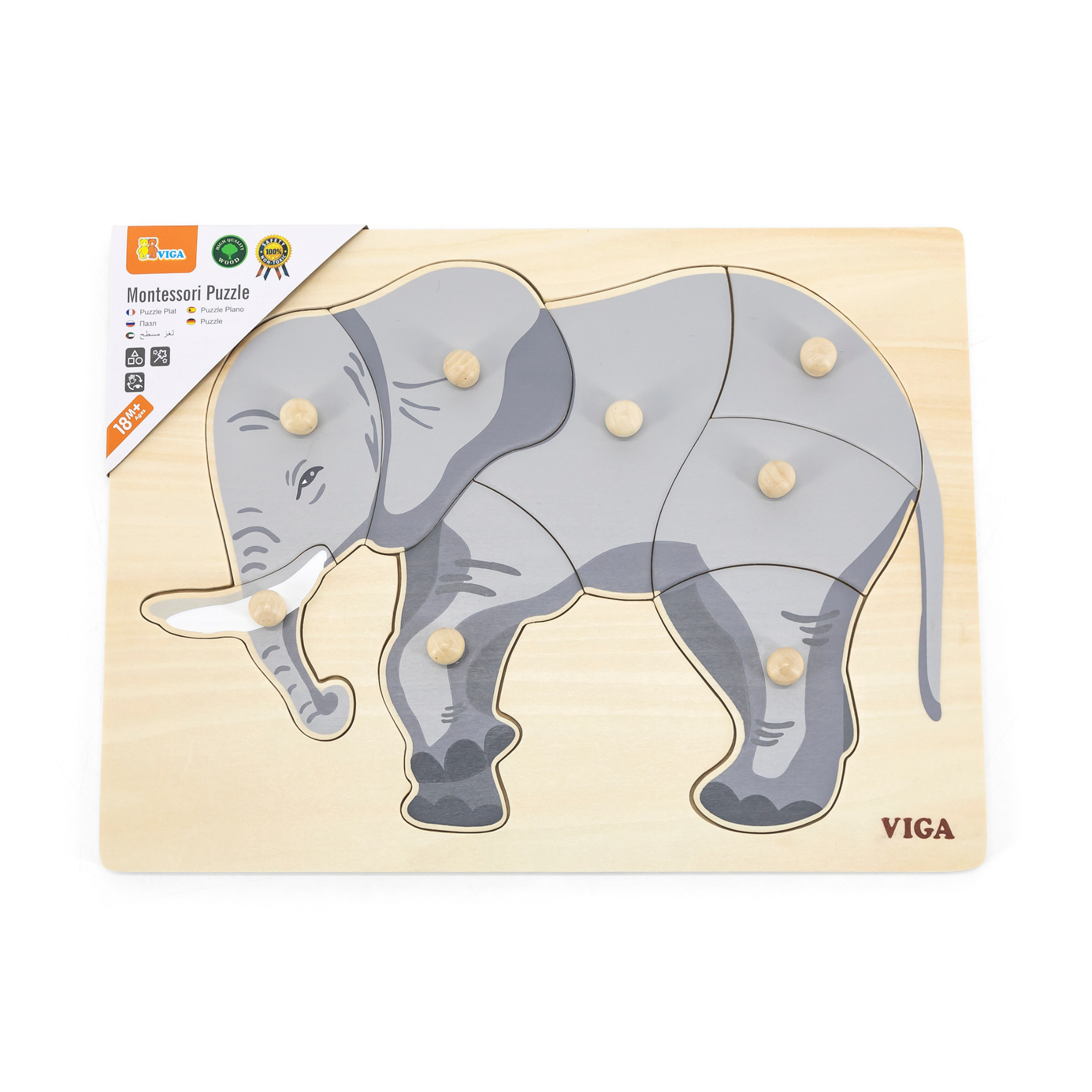 Viga Elephant, 8 Piece Knob Puzzle, Montessori Wooden Toy, Develops Sensory, Cognitive & Fine Motor Skills, Non-Toxic & Eco-friendly Kids Educational Toy, Suitable for Boys and Girls Aged 18M+