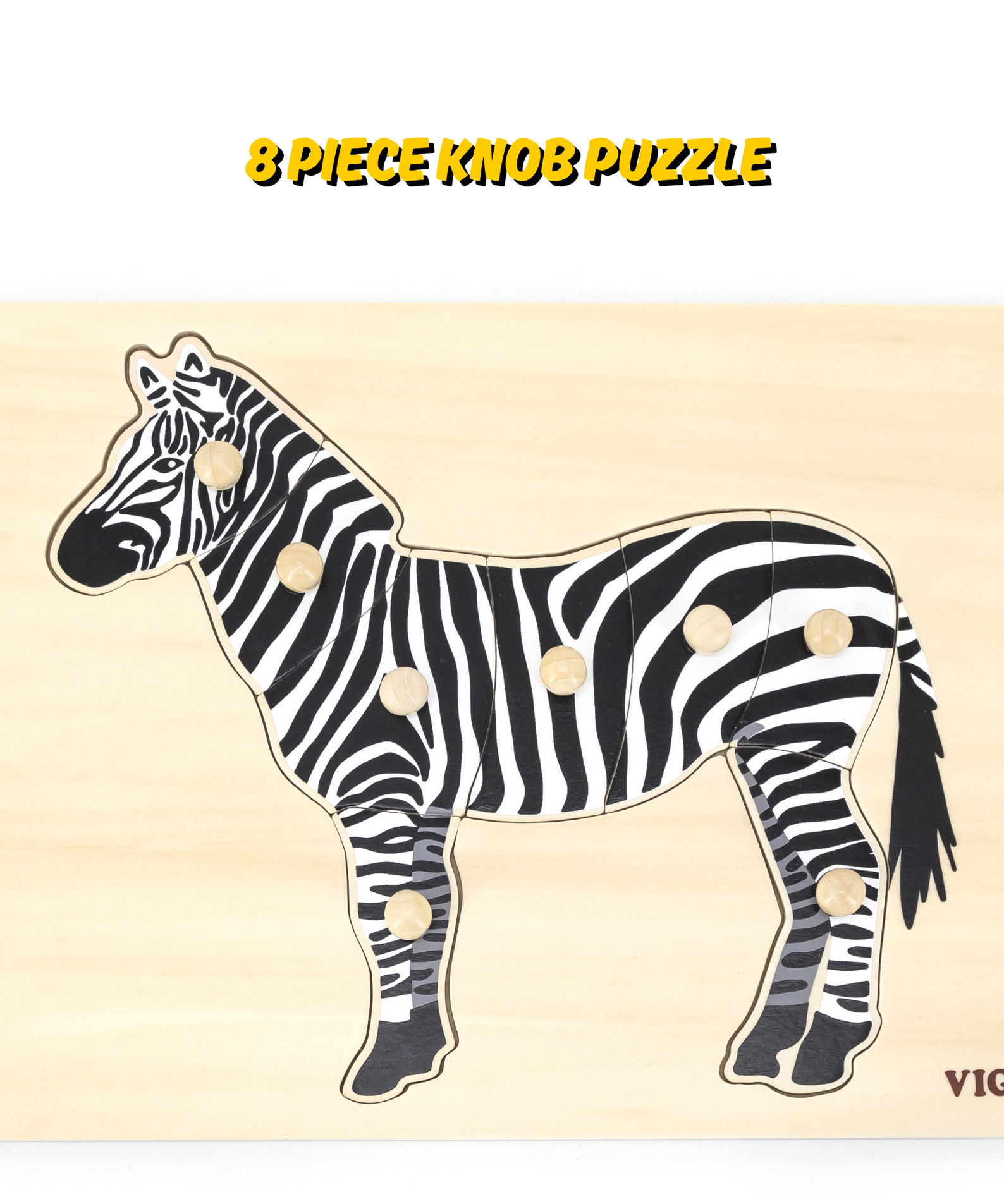 Viga Zebra, 8 Piece Knob Puzzle, Montessori Wooden Toy, Develops Sensory, Cognitive & Fine Motor Skills, Non-Toxic & Eco-friendly Kids Educational Toy, Suitable for Boys and Girls Aged 18M+