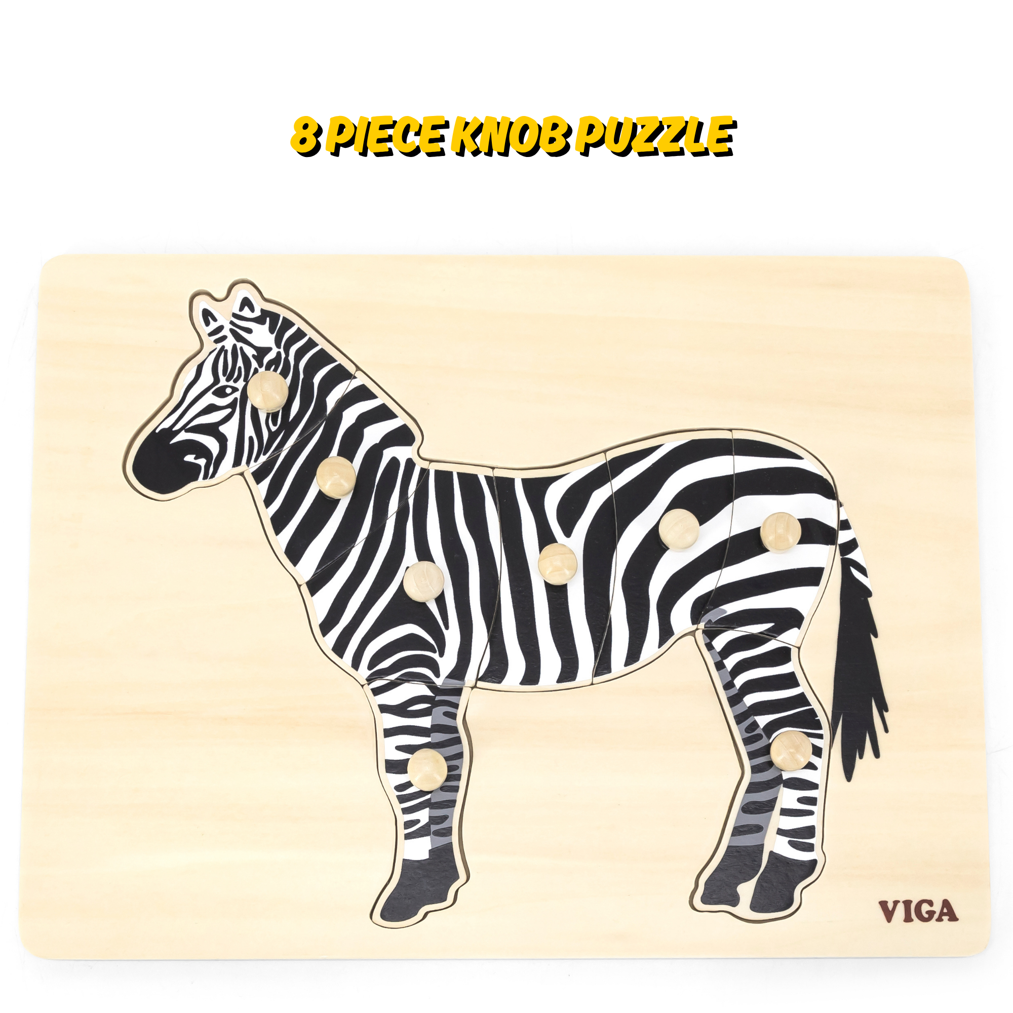 Viga Zebra, 8 Piece Knob Puzzle, Montessori Wooden Toy, Develops Sensory, Cognitive & Fine Motor Skills, Non-Toxic & Eco-friendly Kids Educational Toy, Suitable for Boys and Girls Aged 18M+