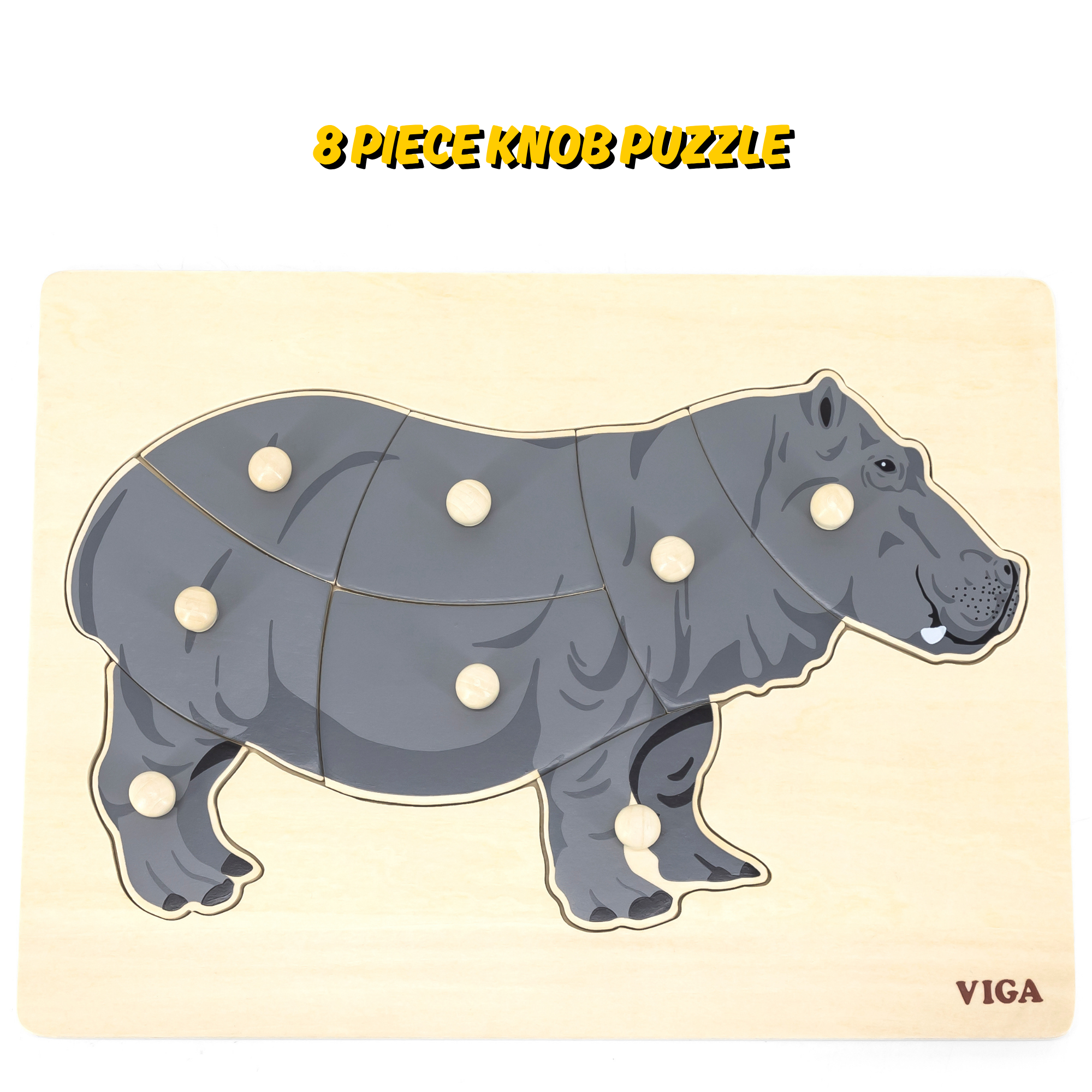 Viga Hippo, Wild Animals, 8 Piece Knob Puzzle, Montessori Wooden Toy, Develops Sensory, Cognitive & Fine Motor Skills, Non-Toxic & Eco-friendly Kids Educational Toy, Suitable for Children Aged 18M+