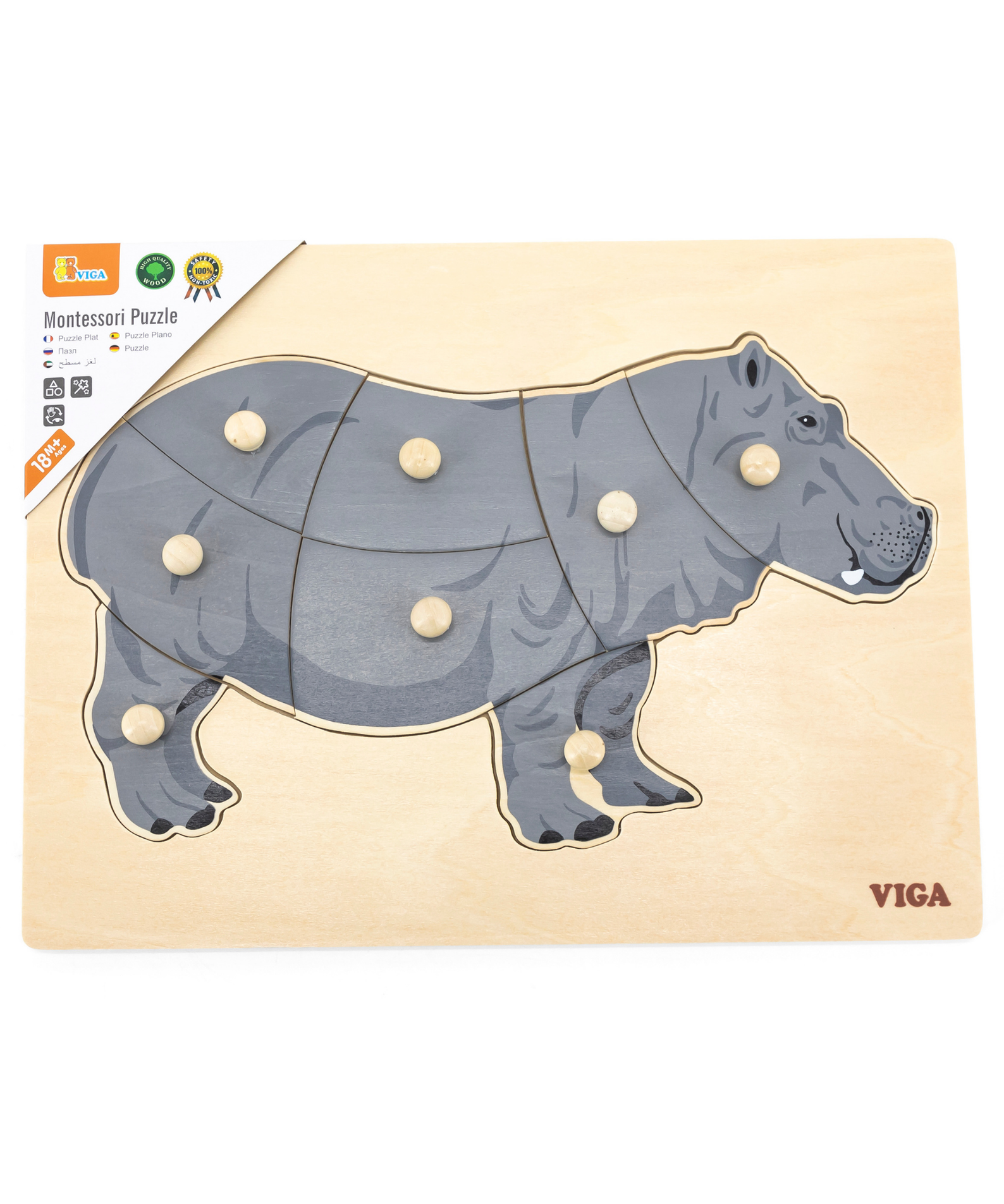 Viga Hippo, Wild Animals, 8 Piece Knob Puzzle, Montessori Wooden Toy, Develops Sensory, Cognitive & Fine Motor Skills, Non-Toxic & Eco-friendly Kids Educational Toy, Suitable for Children Aged 18M+