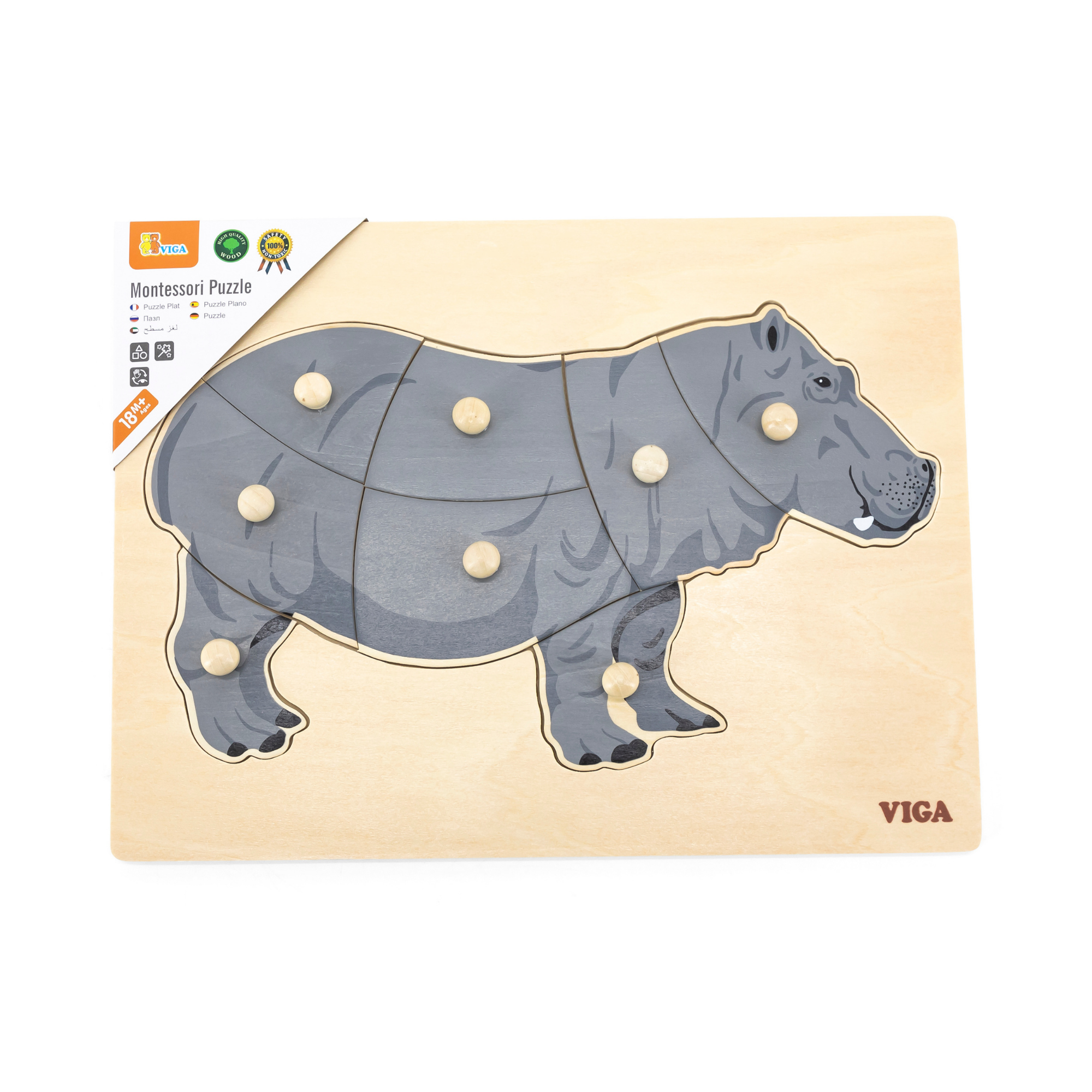 Viga Hippo, Wild Animals, 8 Piece Knob Puzzle, Montessori Wooden Toy, Develops Sensory, Cognitive & Fine Motor Skills, Non-Toxic & Eco-friendly Kids Educational Toy, Suitable for Children Aged 18M+