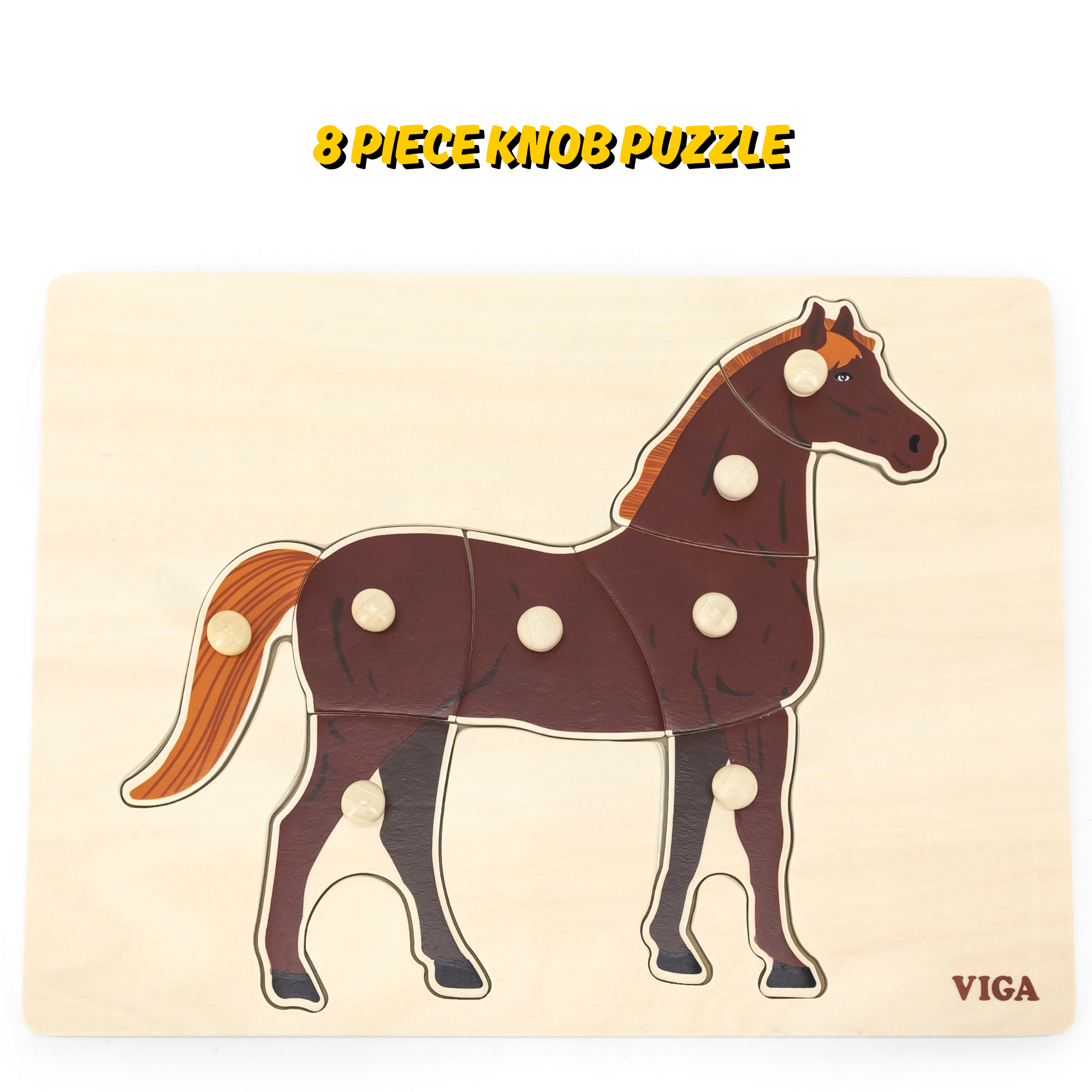 Viga Horse, Farm Animals, 8 Piece Knob Puzzle, Montessori Wooden Toy, Develops Sensory, Cognitive & Fine Motor Skills, Non-Toxic & Eco-friendly Kids Educational Toy, Suitable for Children Aged 18M+
