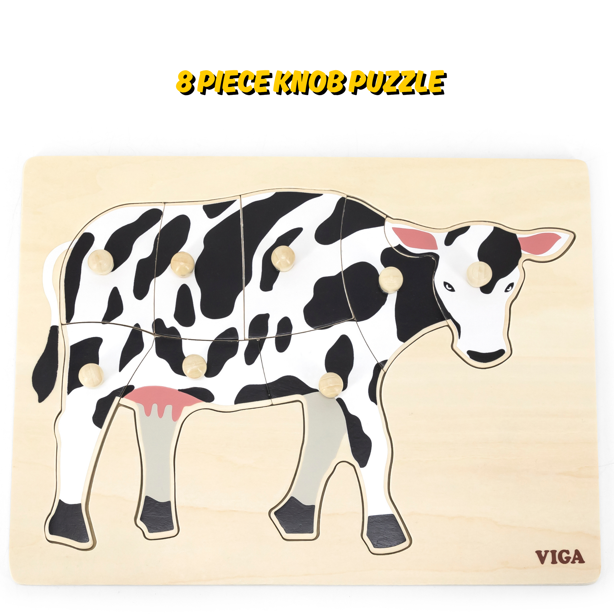 Viga Cow, Farm Animals, 8 Piece Knob Puzzle, Montessori Wooden Toy, Develops Sensory, Cognitive & Fine Motor Skills, Non-Toxic & Eco-friendly Kids Educational Toy, Suitable for Children Aged 18M+