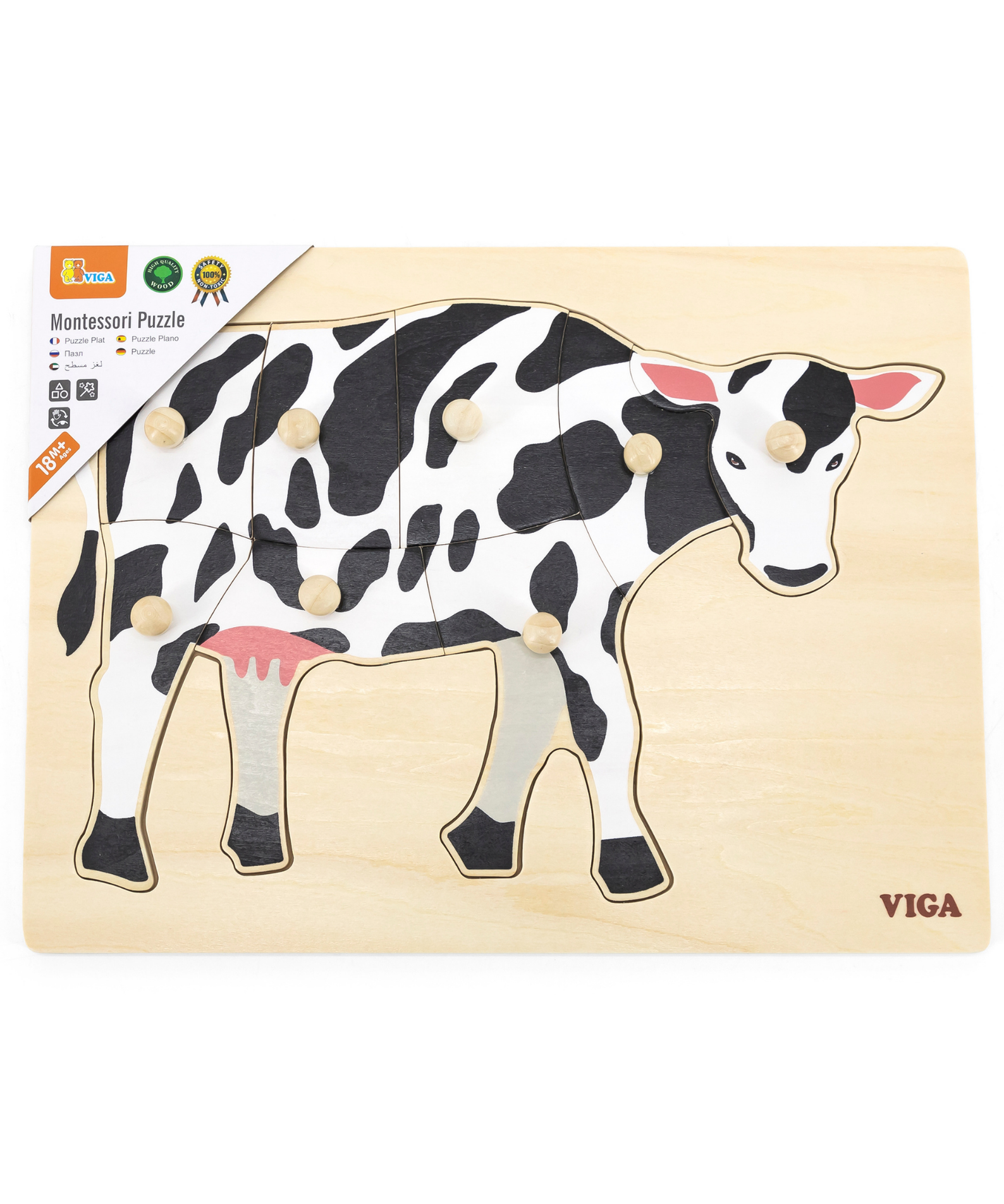 Viga Cow, Farm Animals, 8 Piece Knob Puzzle, Montessori Wooden Toy, Develops Sensory, Cognitive & Fine Motor Skills, Non-Toxic & Eco-friendly Kids Educational Toy, Suitable for Children Aged 18M+