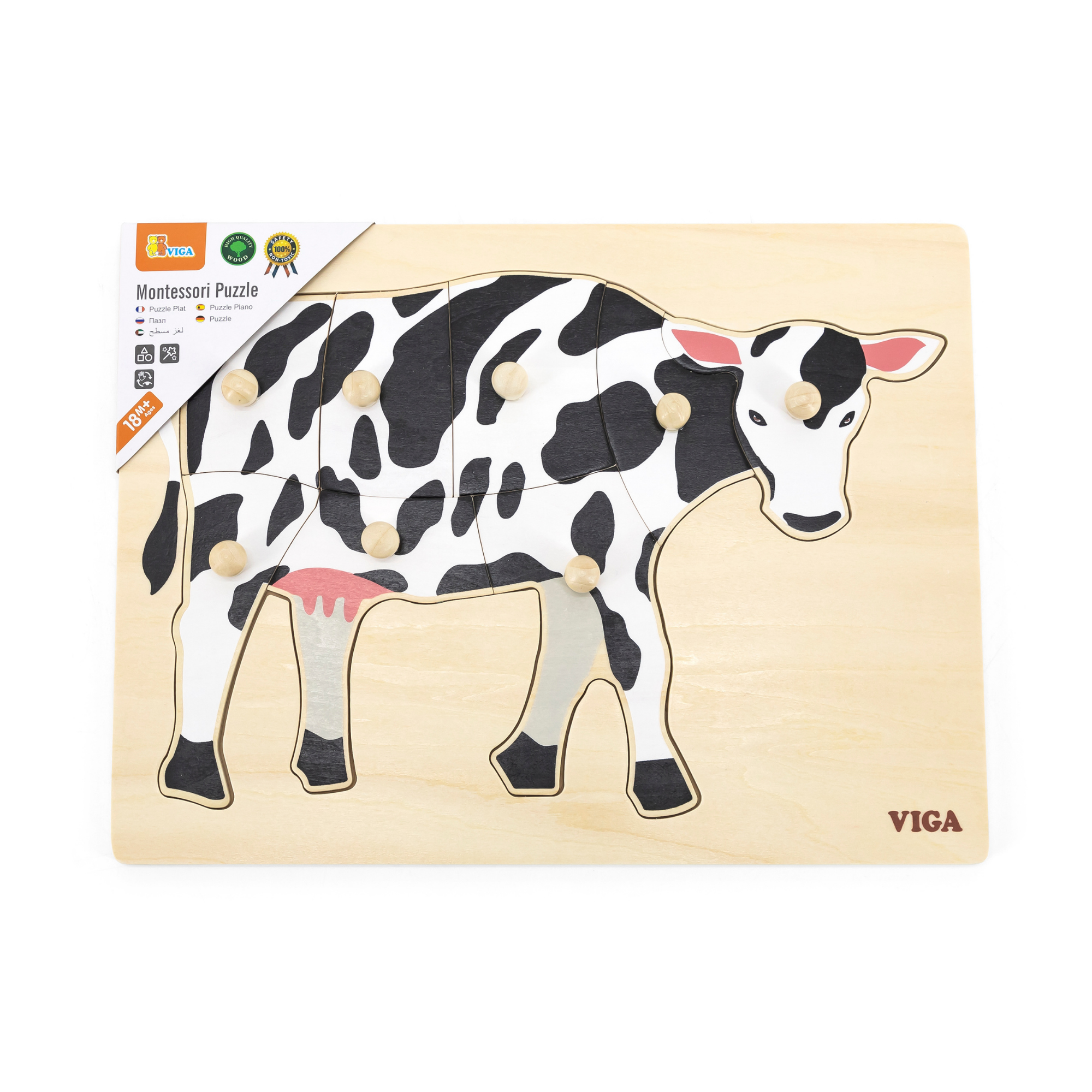 Viga Cow, Farm Animals, 8 Piece Knob Puzzle, Montessori Wooden Toy, Develops Sensory, Cognitive & Fine Motor Skills, Non-Toxic & Eco-friendly Kids Educational Toy, Suitable for Children Aged 18M+