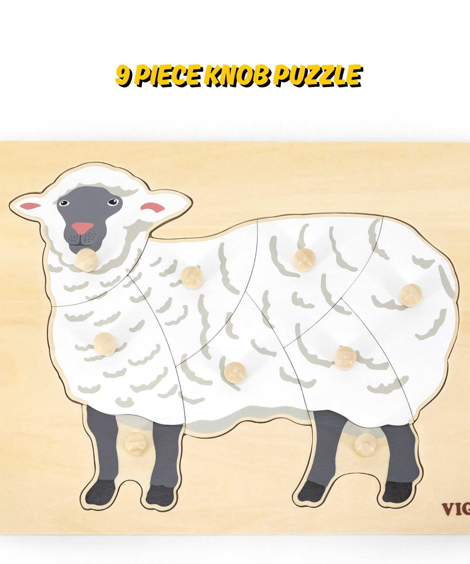 Viga Sheep, Farm Animals, 9 Piece Knob Puzzle, Montessori Wooden Toy, Develops Sensory, Cognitive & Fine Motor Skills, Non-Toxic & Eco-friendly Kids Educational Toy, Suitable for Children Aged 18M+