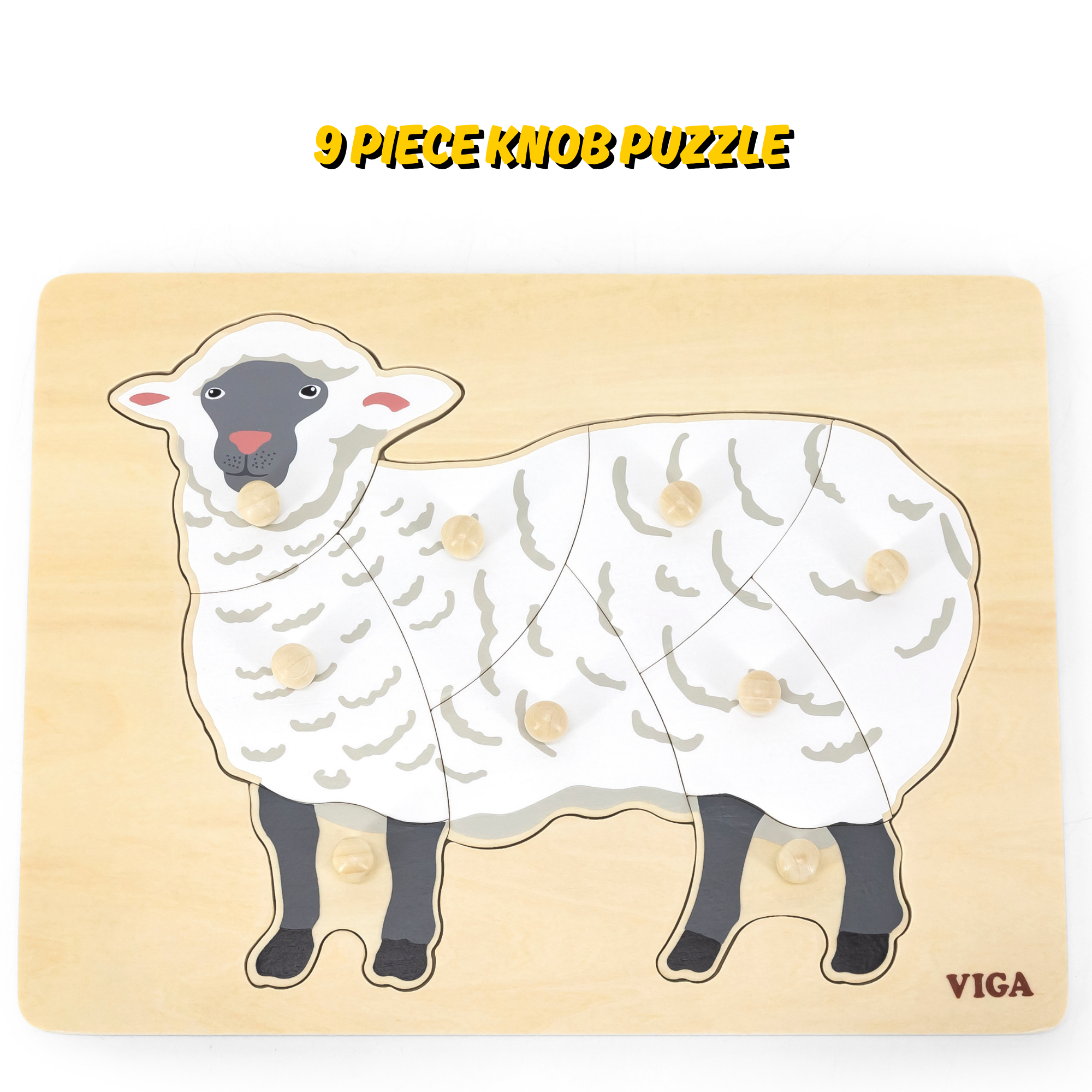 Viga Sheep, Farm Animals, 9 Piece Knob Puzzle, Montessori Wooden Toy, Develops Sensory, Cognitive & Fine Motor Skills, Non-Toxic & Eco-friendly Kids Educational Toy, Suitable for Children Aged 18M+