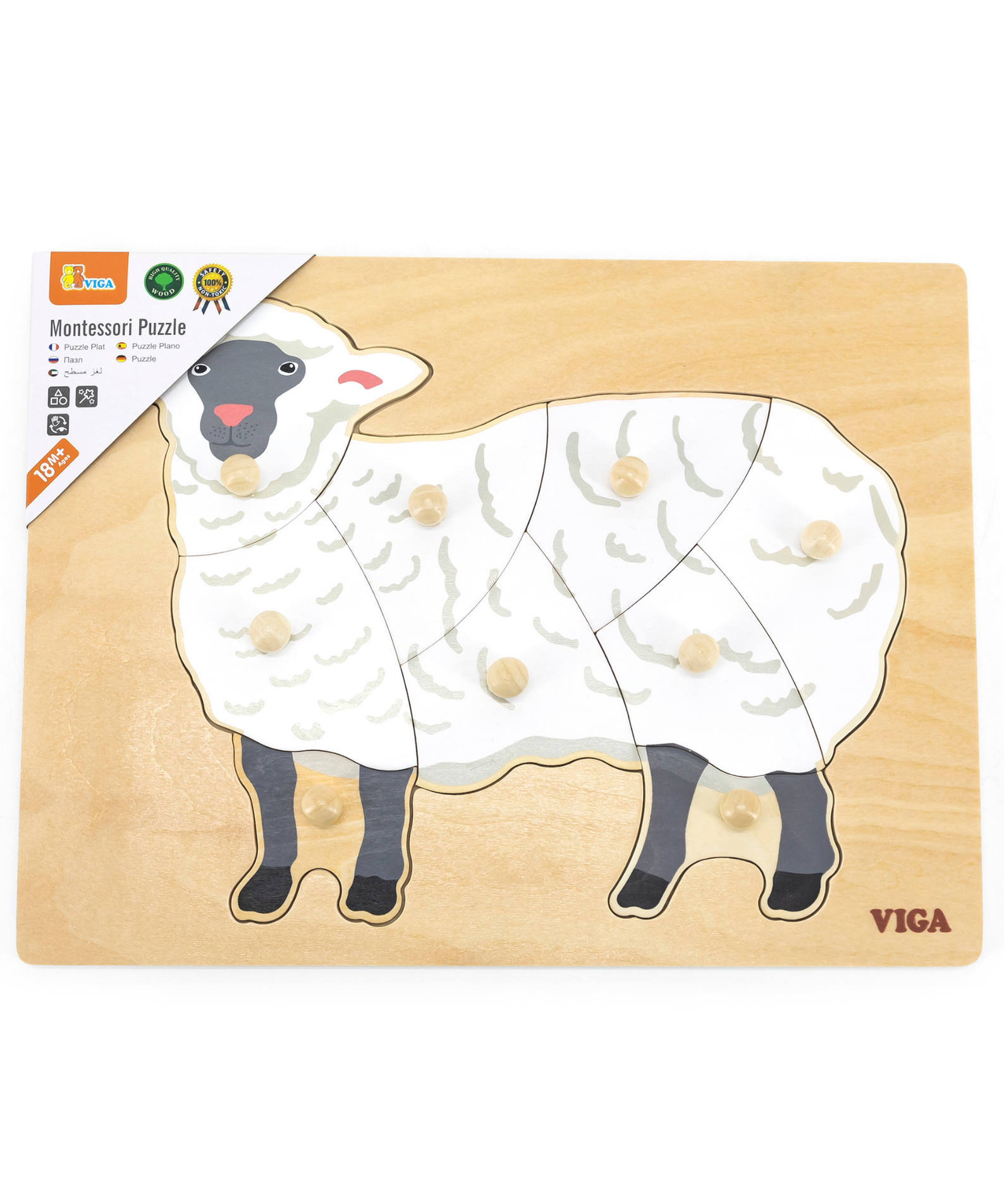 Viga Sheep, Farm Animals, 9 Piece Knob Puzzle, Montessori Wooden Toy, Develops Sensory, Cognitive & Fine Motor Skills, Non-Toxic & Eco-friendly Kids Educational Toy, Suitable for Children Aged 18M+
