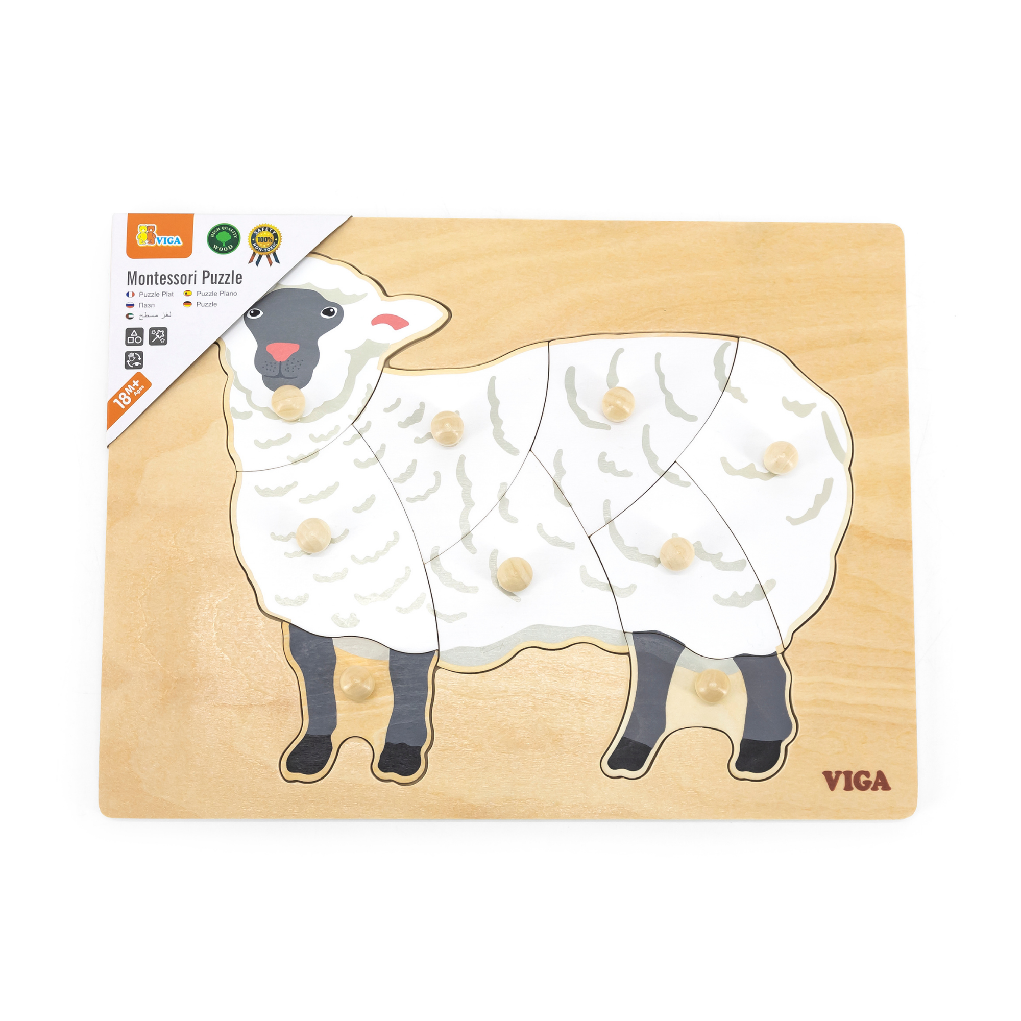 Viga Sheep, Farm Animals, 9 Piece Knob Puzzle, Montessori Wooden Toy, Develops Sensory, Cognitive & Fine Motor Skills, Non-Toxic & Eco-friendly Kids Educational Toy, Suitable for Children Aged 18M+