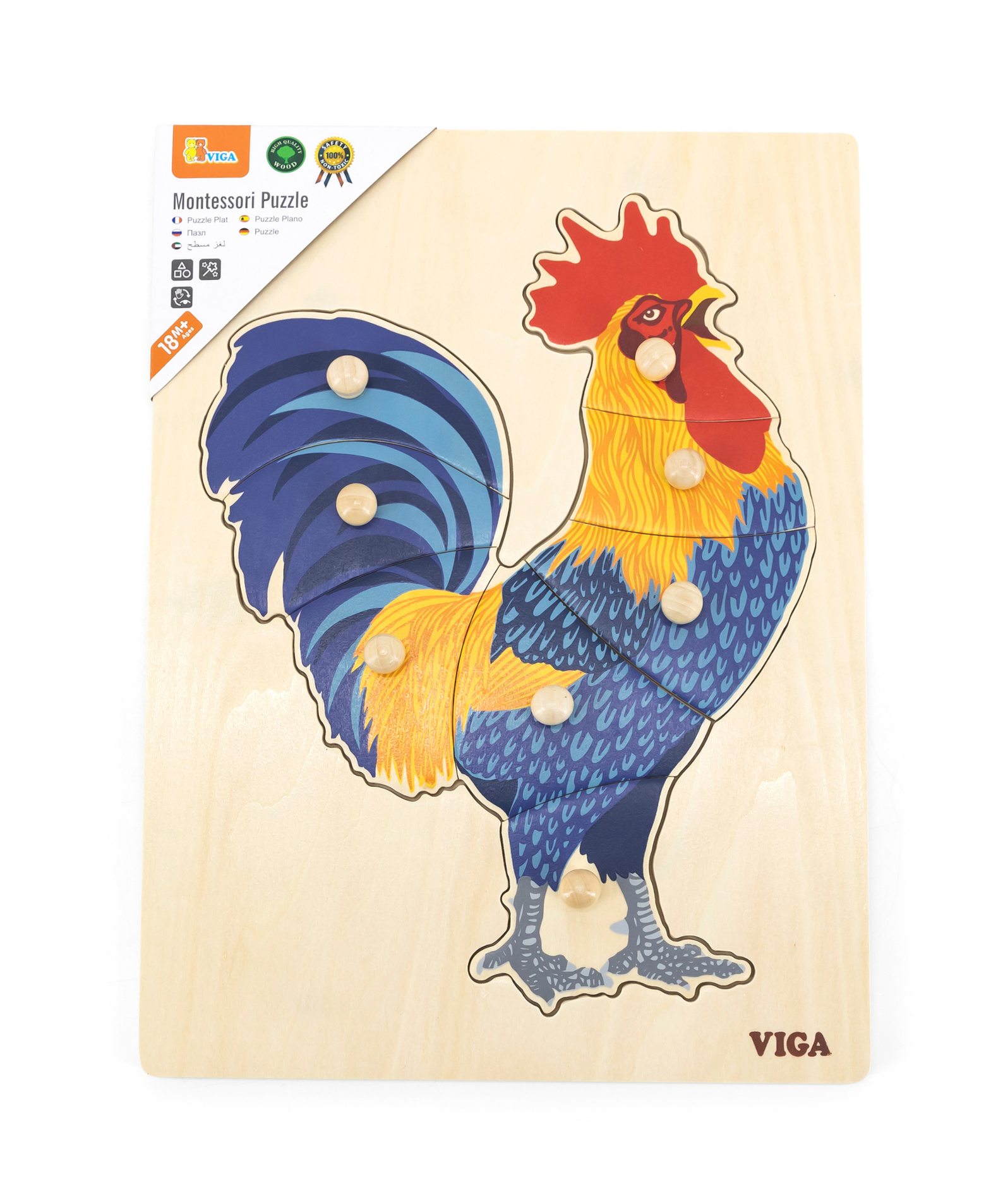 Viga Rooster, Farm Animals, 8 Piece Knob Puzzle, Montessori Wooden Toy, Develops Sensory, Cognitive & Fine Motor Skills, Non-Toxic & Eco-friendly Kids Educational Toy, Suitable for Children Aged 18M+