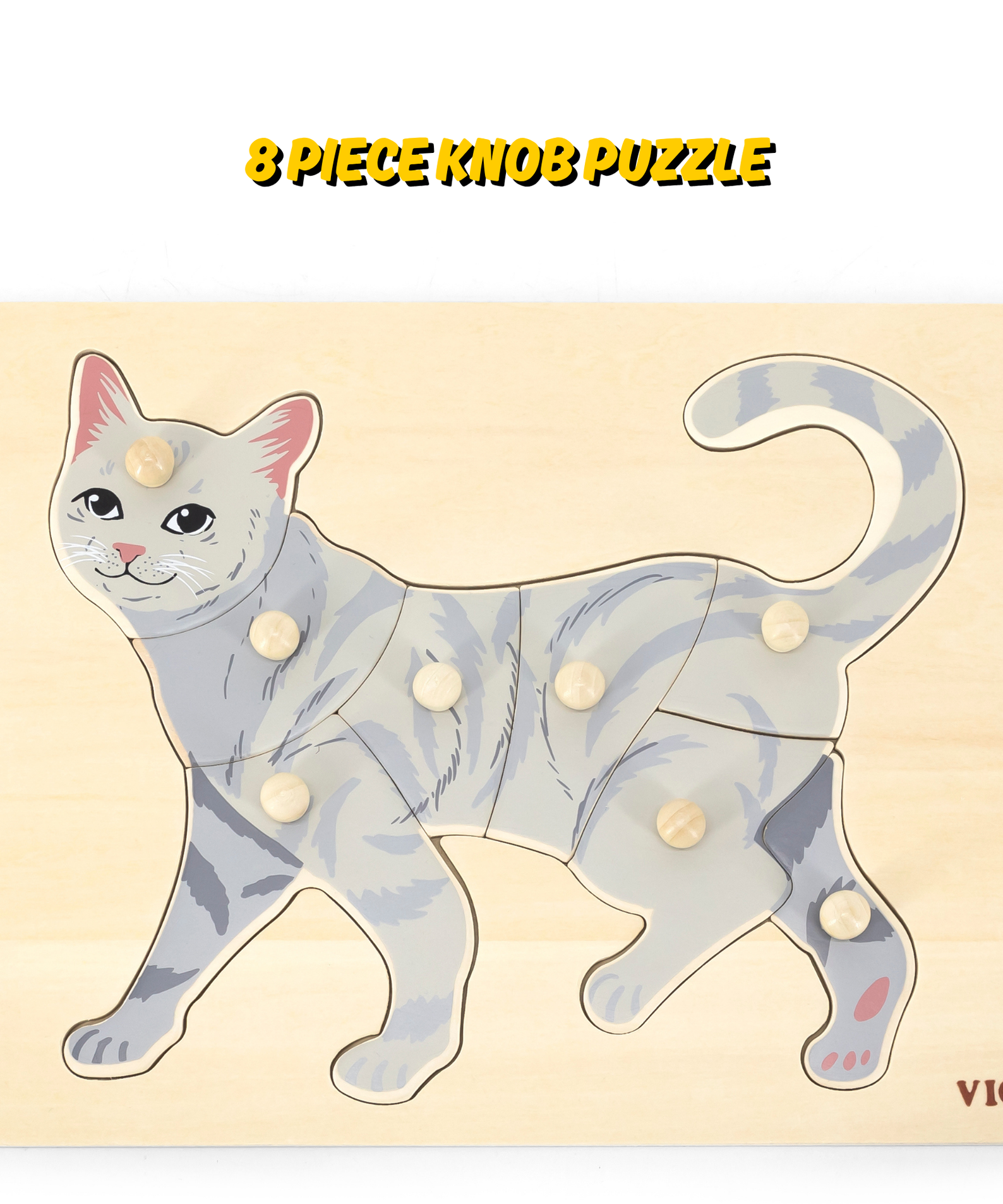 Viga Cat, 8 Piece Knob Puzzle, Montessori Wooden Toy, Develops Sensory, Cognitive & Fine Motor Skills, Non-Toxic & Eco-friendly Kids Educational Toy, Suitable for Boys and Girls Aged 18M+