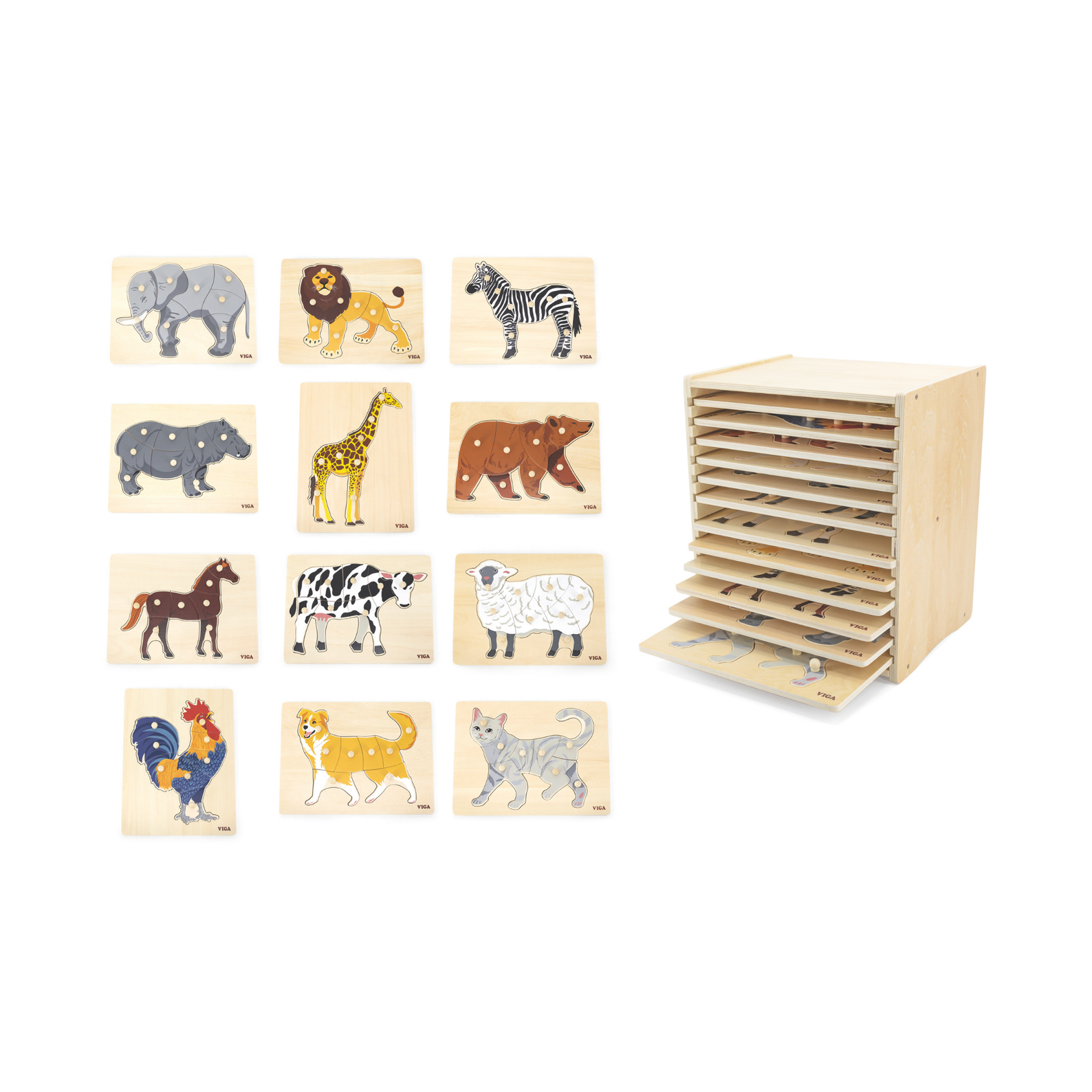 Viga Set of 12, 8-9 Piece Knob Puzzle, Montessori Wooden Toy, Develops Sensory, Cognitive & Fine Motor Skills, Non-Toxic & Eco-friendly Kids Educational Toy, Suitable for Boys and Girls Aged 18M+