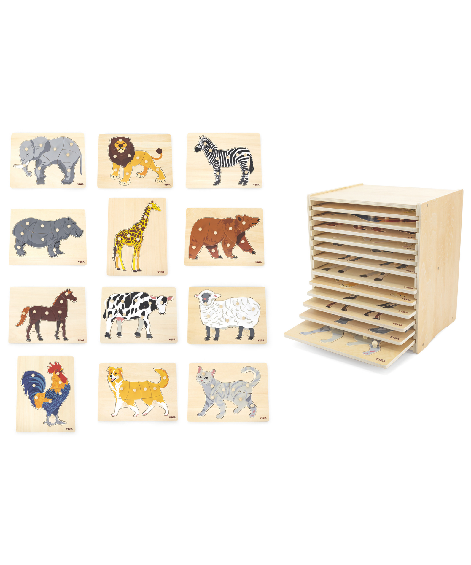 Viga Set of 12, 8-9 Piece Knob Puzzle, Montessori Wooden Toy, Develops Sensory, Cognitive & Fine Motor Skills, Non-Toxic & Eco-friendly Kids Educational Toy, Suitable for Boys and Girls Aged 18M+