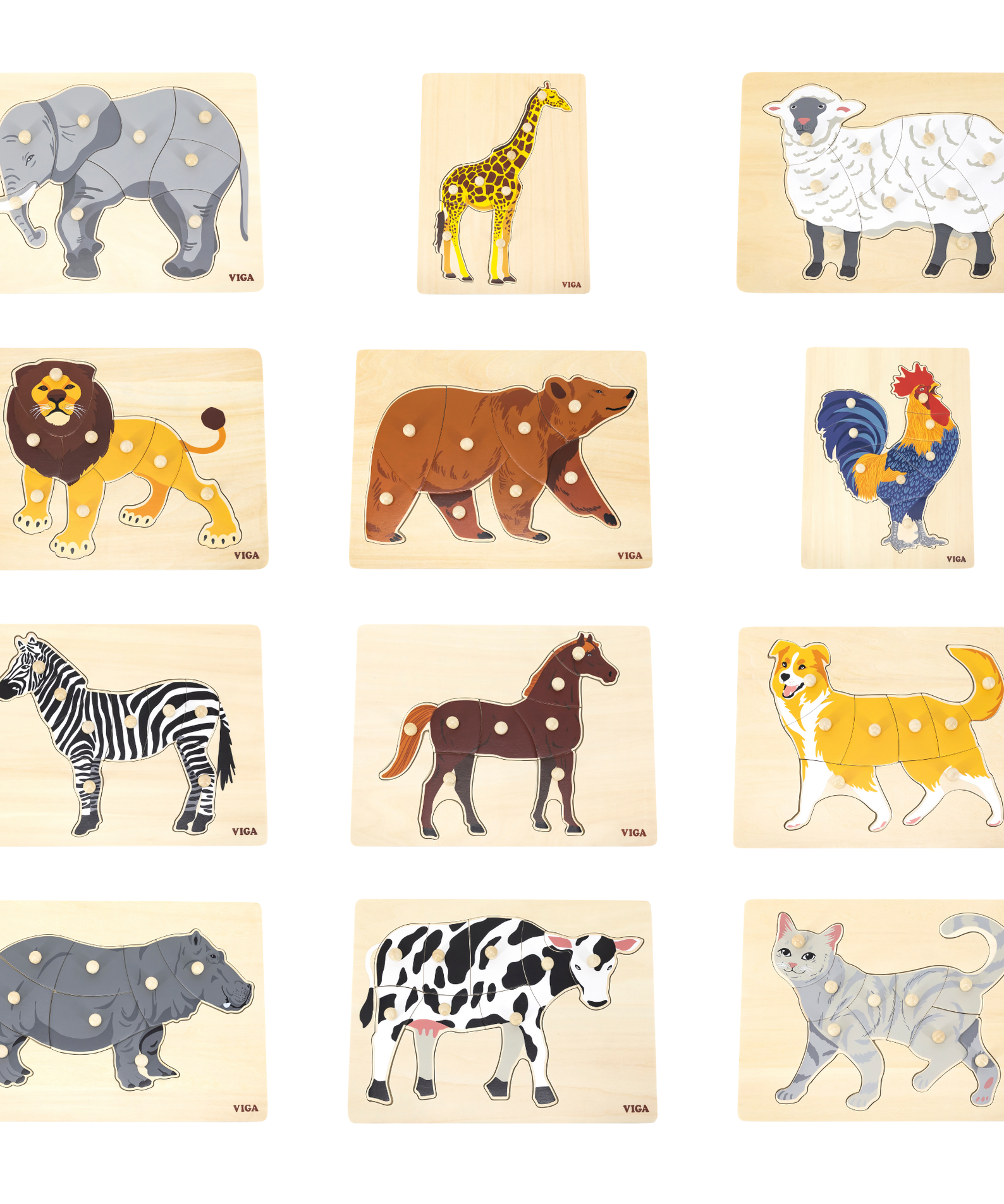 Viga Set of 12, 8-9 Piece Knob Puzzle, Montessori Wooden Toy, Develops Sensory, Cognitive & Fine Motor Skills, Non-Toxic & Eco-friendly Kids Educational Toy, Suitable for Boys and Girls Aged 18M+