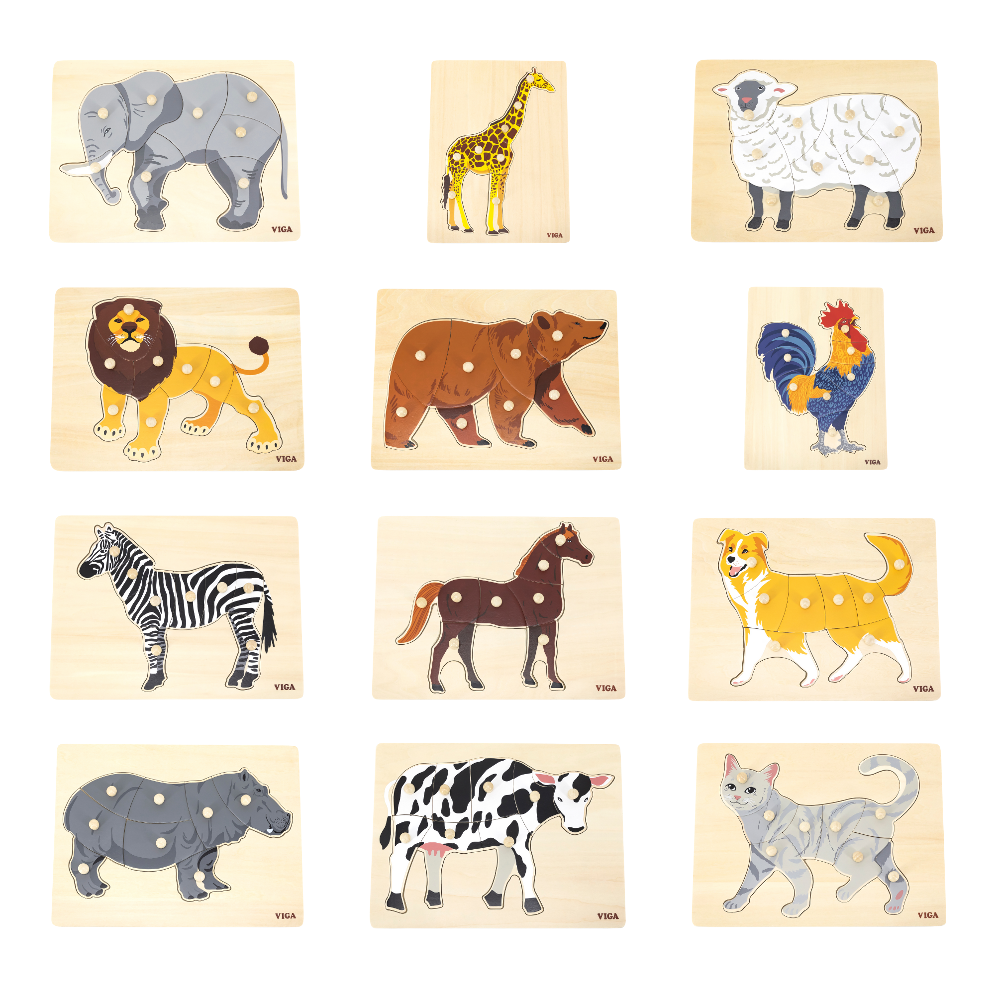 Viga Set of 12, 8-9 Piece Knob Puzzle, Montessori Wooden Toy, Develops Sensory, Cognitive & Fine Motor Skills, Non-Toxic & Eco-friendly Kids Educational Toy, Suitable for Boys and Girls Aged 18M+