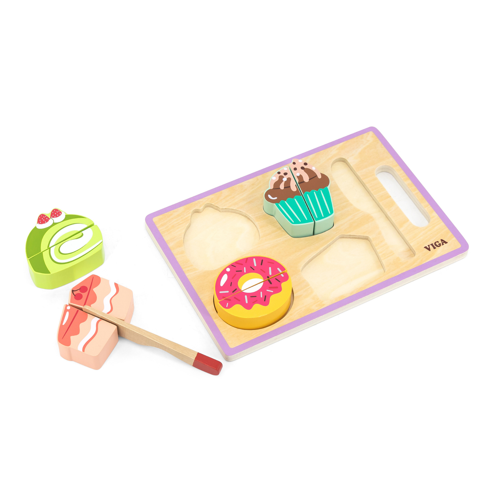 VIGA My Cutting Dessert Set  Wooden Roleplay Toy with Cutting Board, Knife, and Dessert Pieces  Safe Velcro Slicing Toy for Kids 18 Months and Up