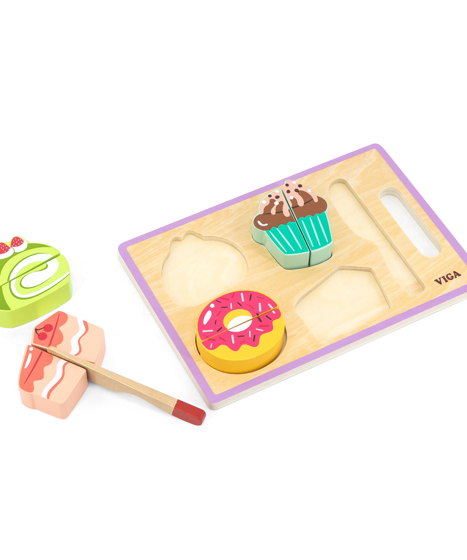 VIGA My Cutting Dessert Set  Wooden Roleplay Toy with Cutting Board, Knife, and Dessert Pieces  Safe Velcro Slicing Toy for Kids 18 Months and Up