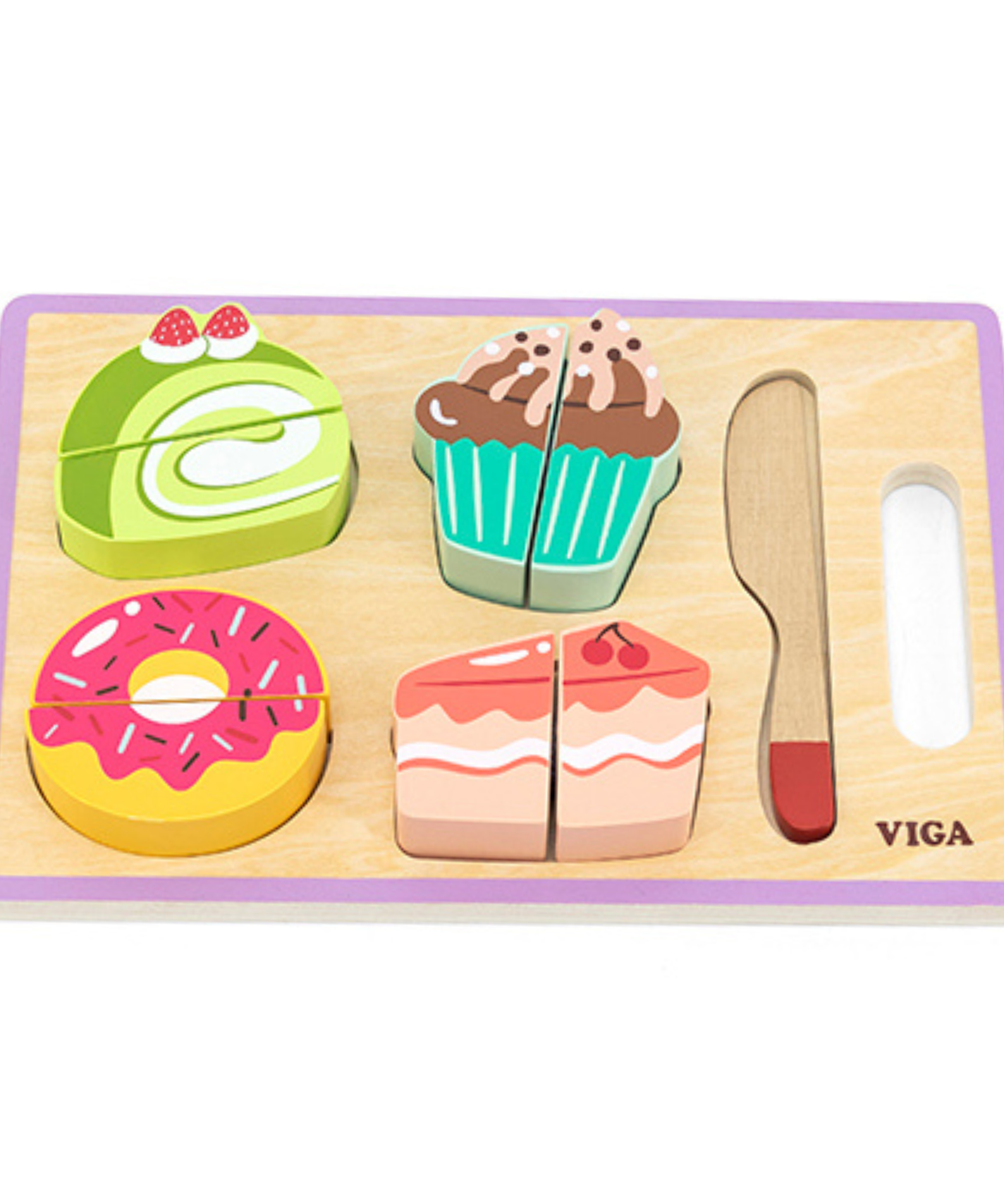 VIGA My Cutting Dessert Set  Wooden Roleplay Toy with Cutting Board, Knife, and Dessert Pieces  Safe Velcro Slicing Toy for Kids 18 Months and Up
