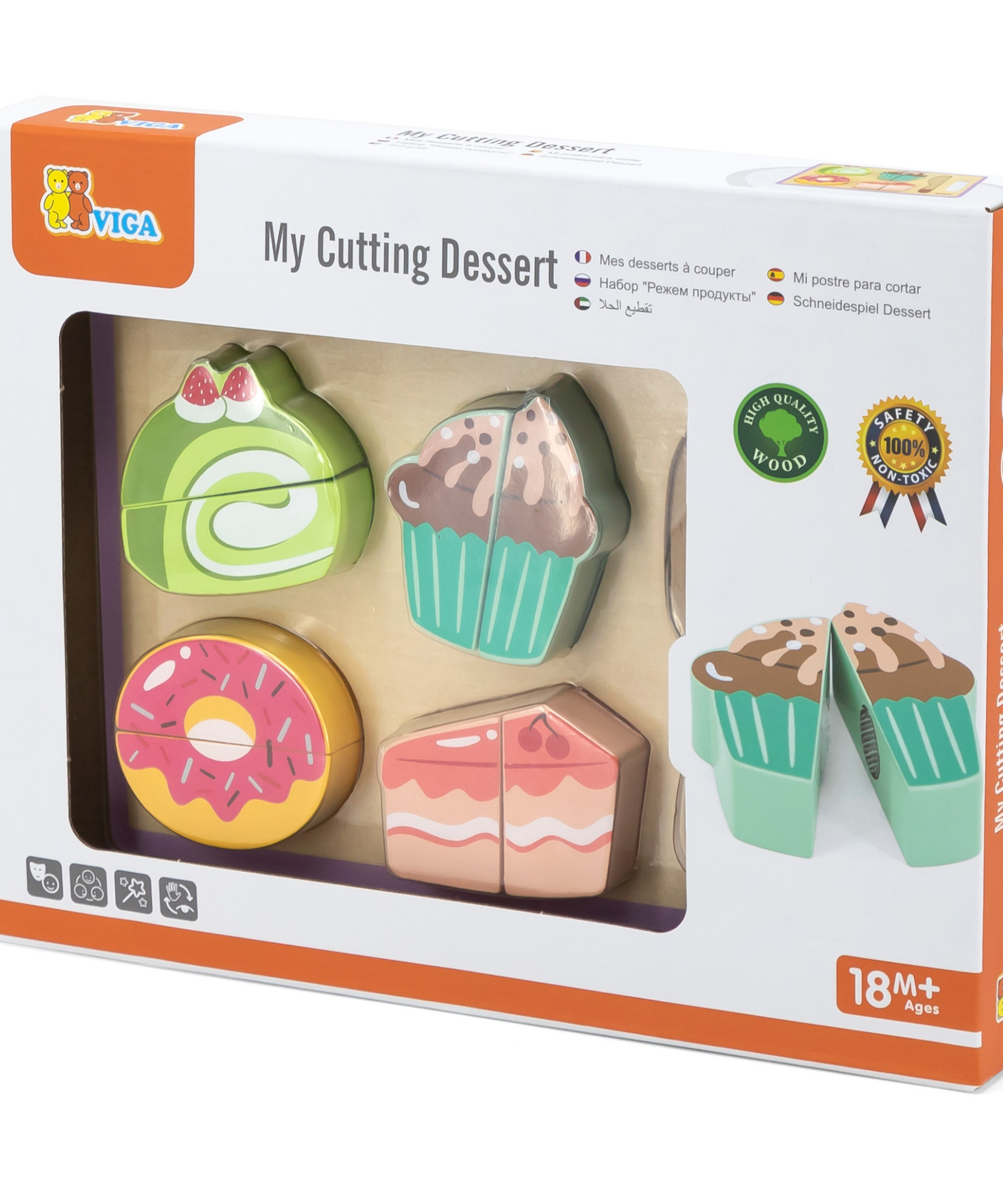 VIGA My Cutting Dessert Set  Wooden Roleplay Toy with Cutting Board, Knife, and Dessert Pieces  Safe Velcro Slicing Toy for Kids 18 Months and Up