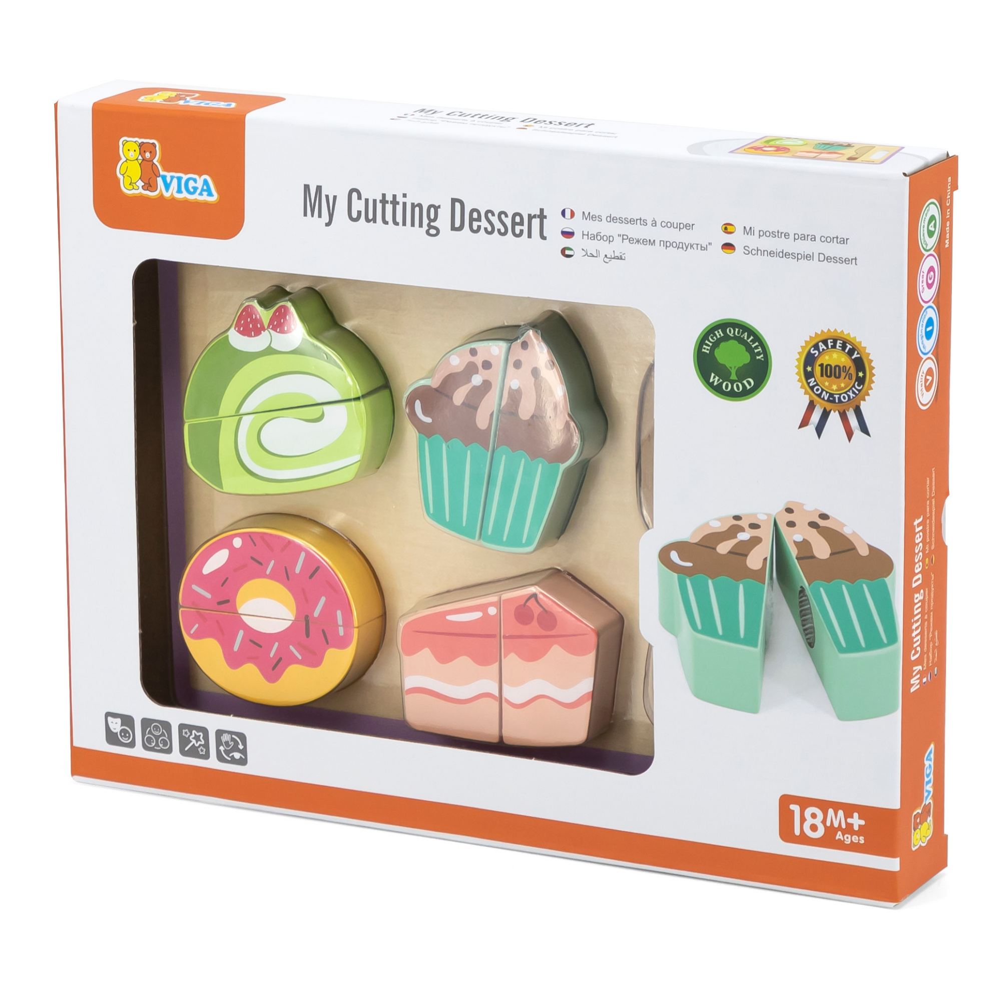 VIGA My Cutting Dessert Set  Wooden Roleplay Toy with Cutting Board, Knife, and Dessert Pieces  Safe Velcro Slicing Toy for Kids 18 Months and Up