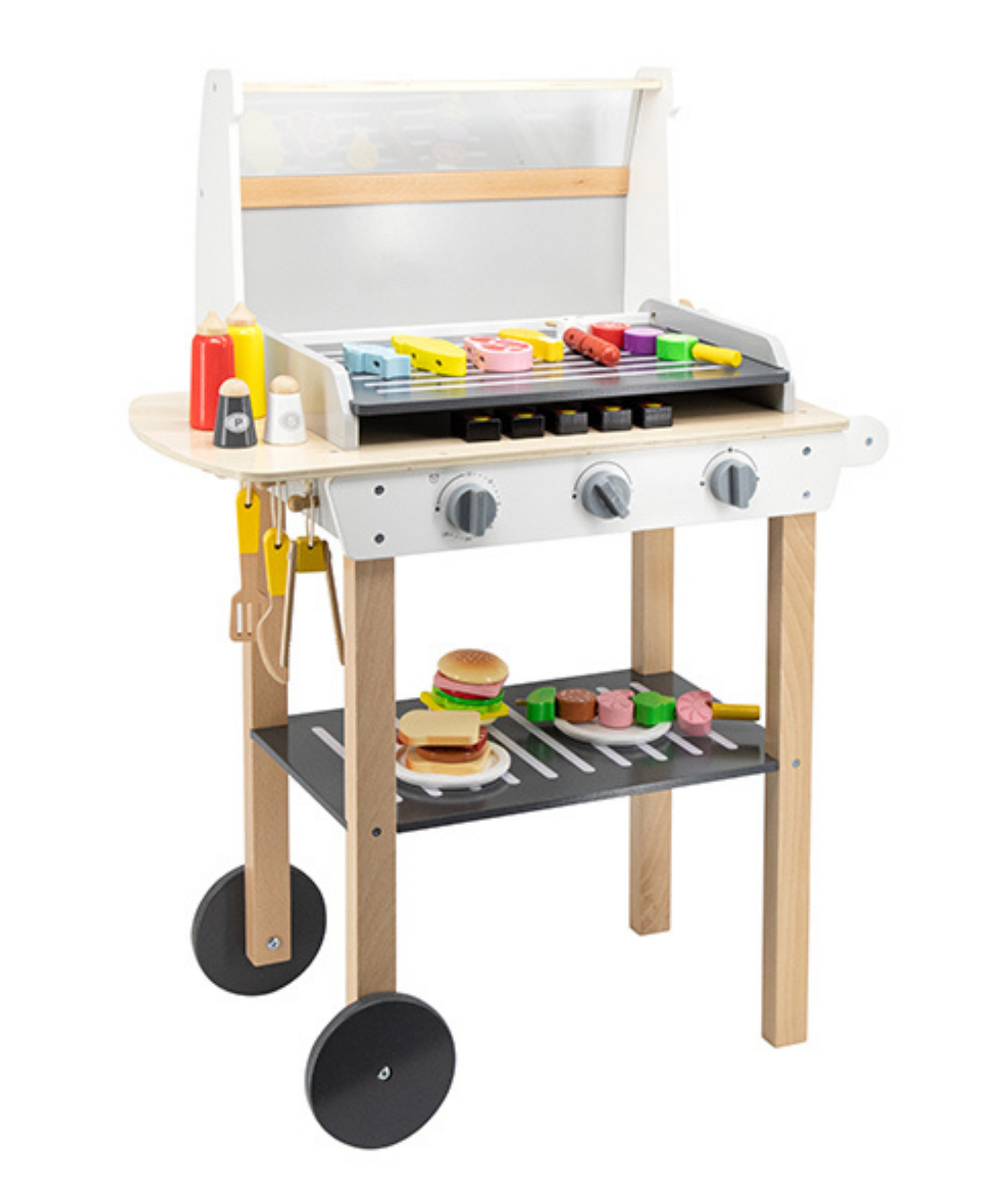 VIGA Wooden BBQ Grill Playset with 47 Accessories  Realistic Roleplay Toy with Sound Effects, Vegetables, Meat, and Grill Tools  Educational Toy for Kids