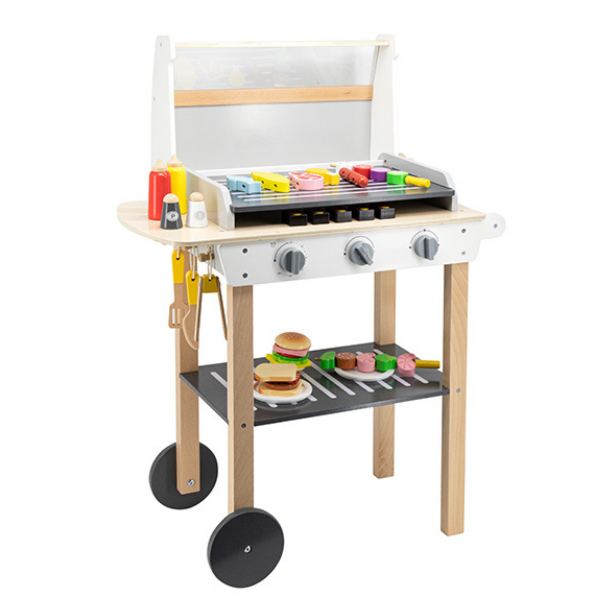 VIGA Wooden BBQ Grill Playset with 47 Accessories  Realistic Roleplay Toy with Sound Effects, Vegetables, Meat, and Grill Tools  Educational Toy for Kids