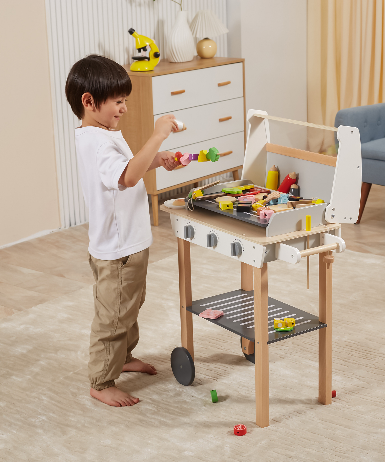 VIGA Wooden BBQ Grill Playset with 47 Accessories  Realistic Roleplay Toy with Sound Effects, Vegetables, Meat, and Grill Tools  Educational Toy for Kids