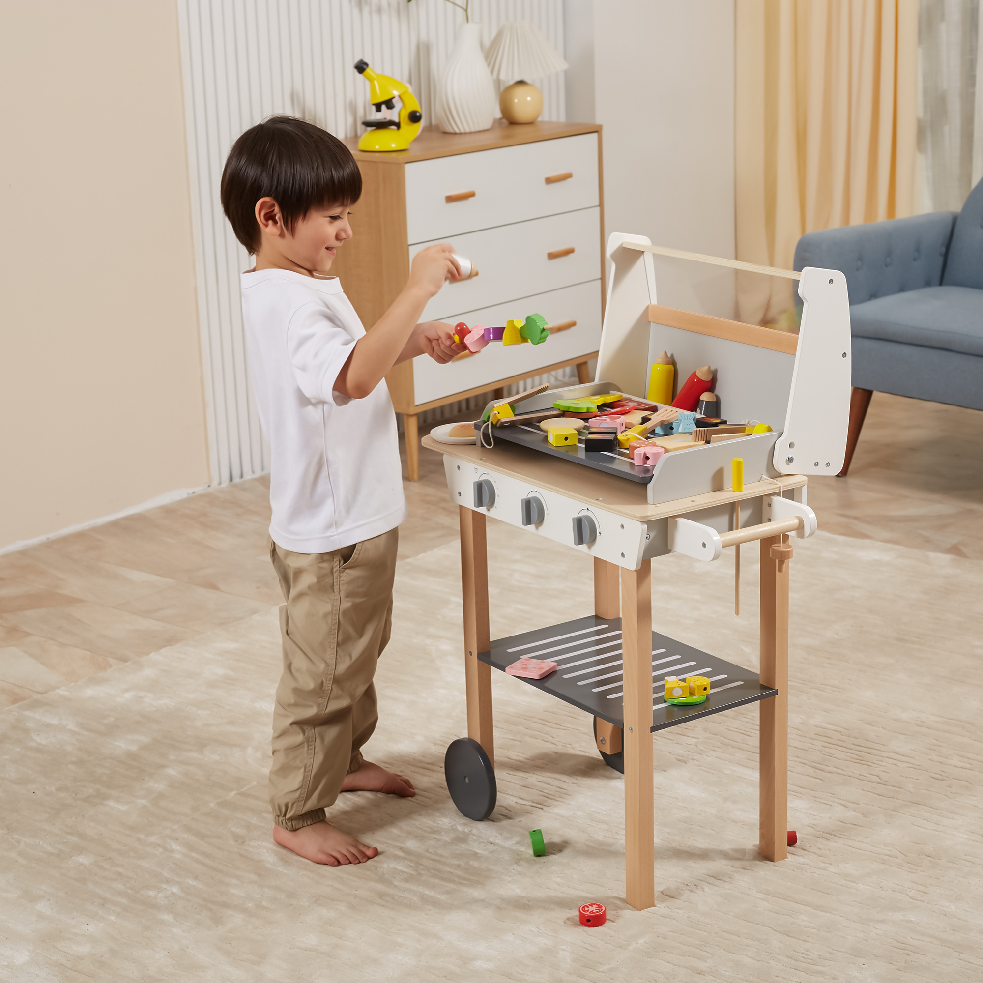 VIGA Wooden BBQ Grill Playset with 47 Accessories  Realistic Roleplay Toy with Sound Effects, Vegetables, Meat, and Grill Tools  Educational Toy for Kids