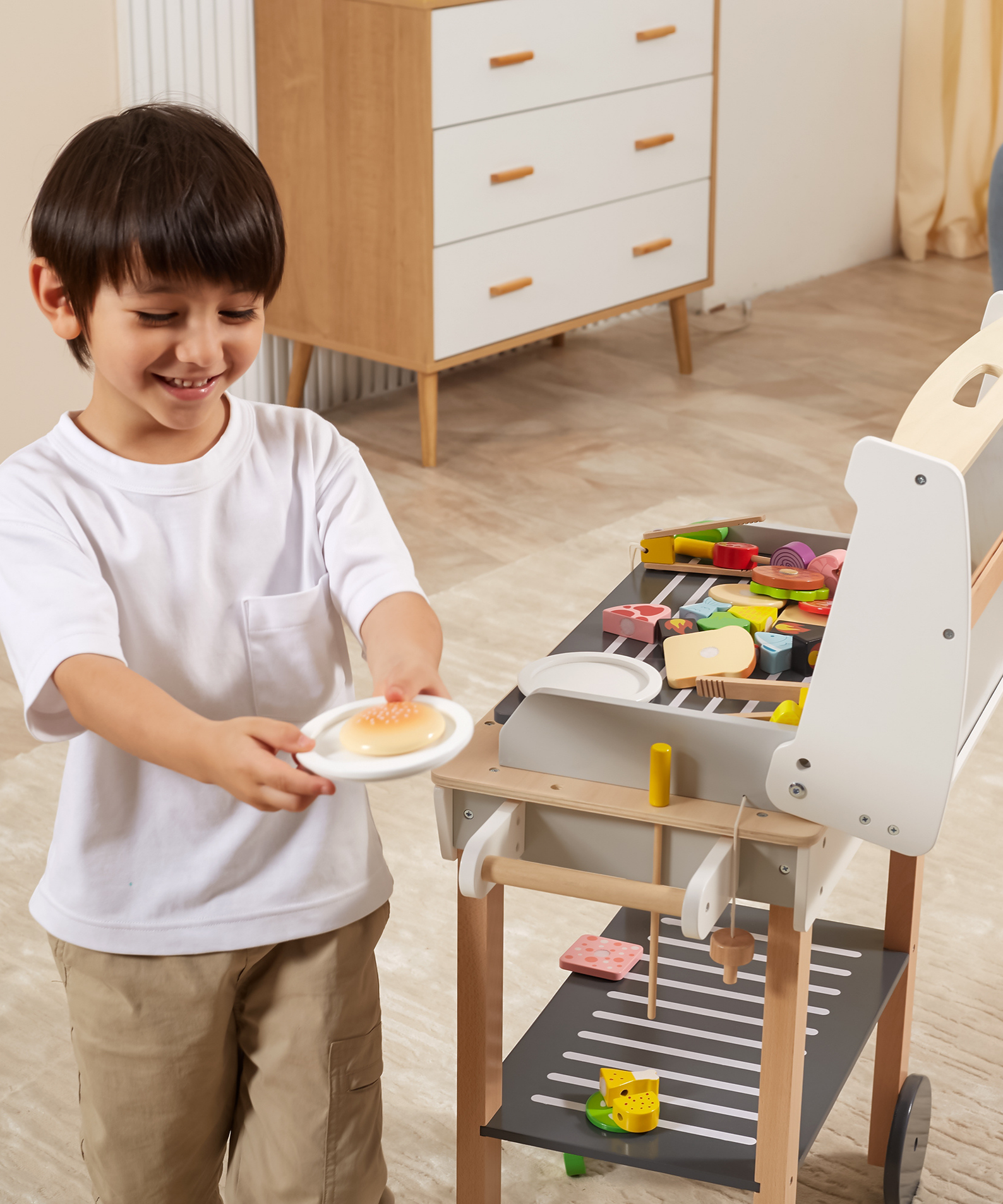 VIGA Wooden BBQ Grill Playset with 47 Accessories  Realistic Roleplay Toy with Sound Effects, Vegetables, Meat, and Grill Tools  Educational Toy for Kids