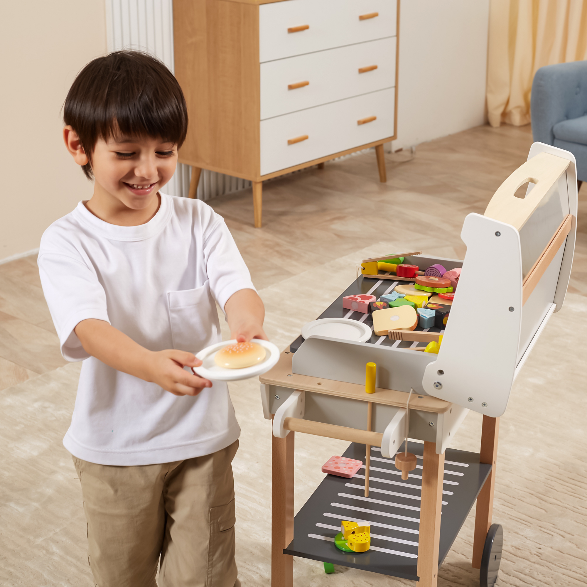 VIGA Wooden BBQ Grill Playset with 47 Accessories  Realistic Roleplay Toy with Sound Effects, Vegetables, Meat, and Grill Tools  Educational Toy for Kids