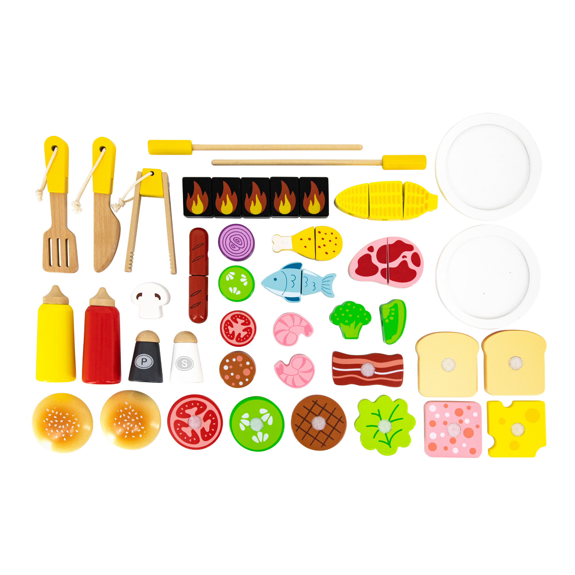 VIGA Wooden BBQ Grill Playset with 47 Accessories  Realistic Roleplay Toy with Sound Effects, Vegetables, Meat, and Grill Tools  Educational Toy for Kids