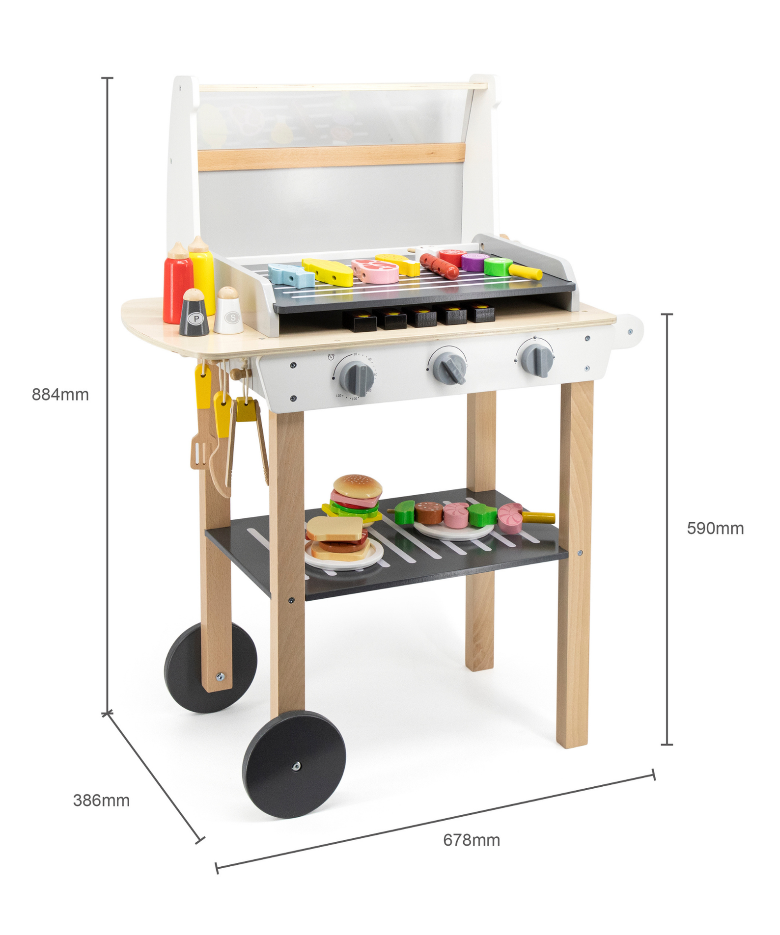 VIGA Wooden BBQ Grill Playset with 47 Accessories  Realistic Roleplay Toy with Sound Effects, Vegetables, Meat, and Grill Tools  Educational Toy for Kids