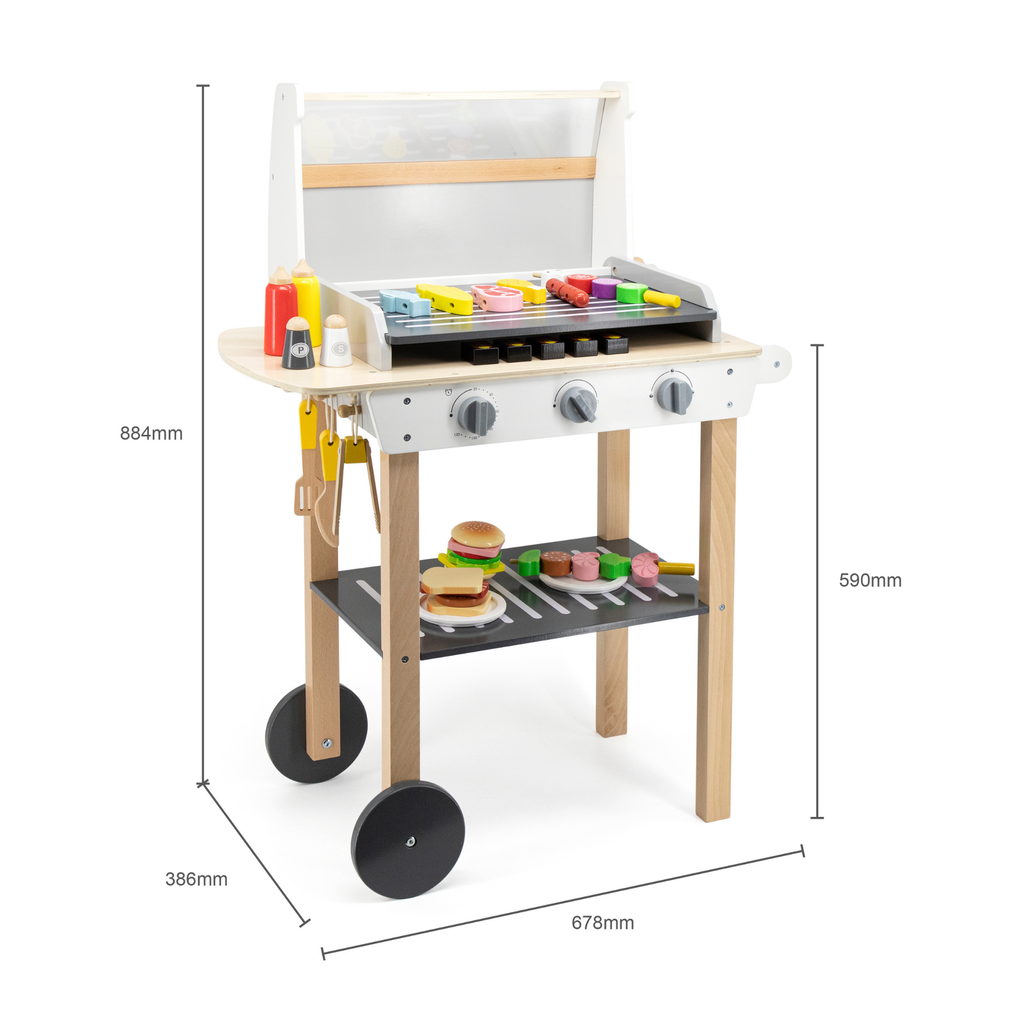 VIGA Wooden BBQ Grill Playset with 47 Accessories  Realistic Roleplay Toy with Sound Effects, Vegetables, Meat, and Grill Tools  Educational Toy for Kids
