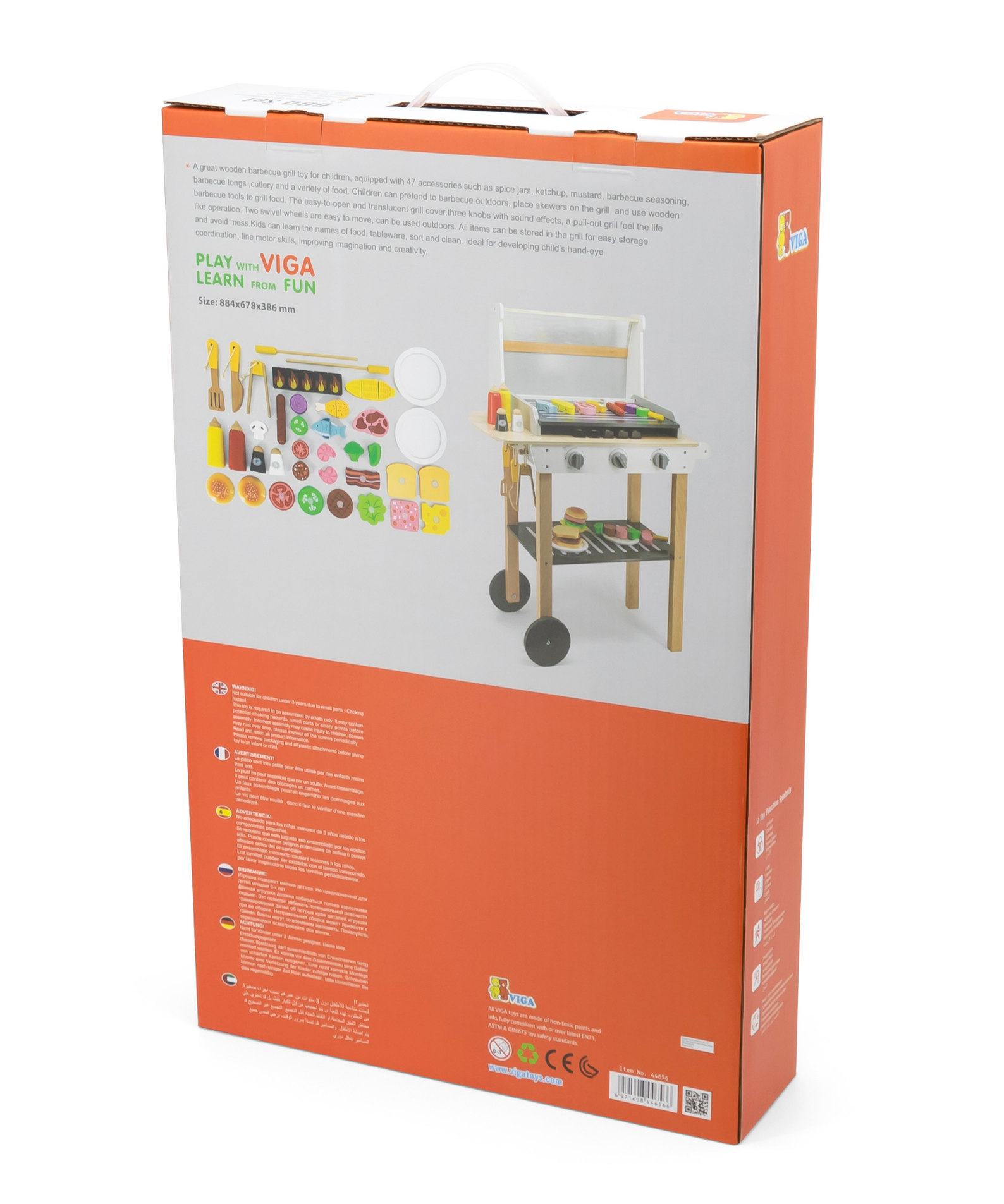 VIGA Wooden BBQ Grill Playset with 47 Accessories  Realistic Roleplay Toy with Sound Effects, Vegetables, Meat, and Grill Tools  Educational Toy for Kids