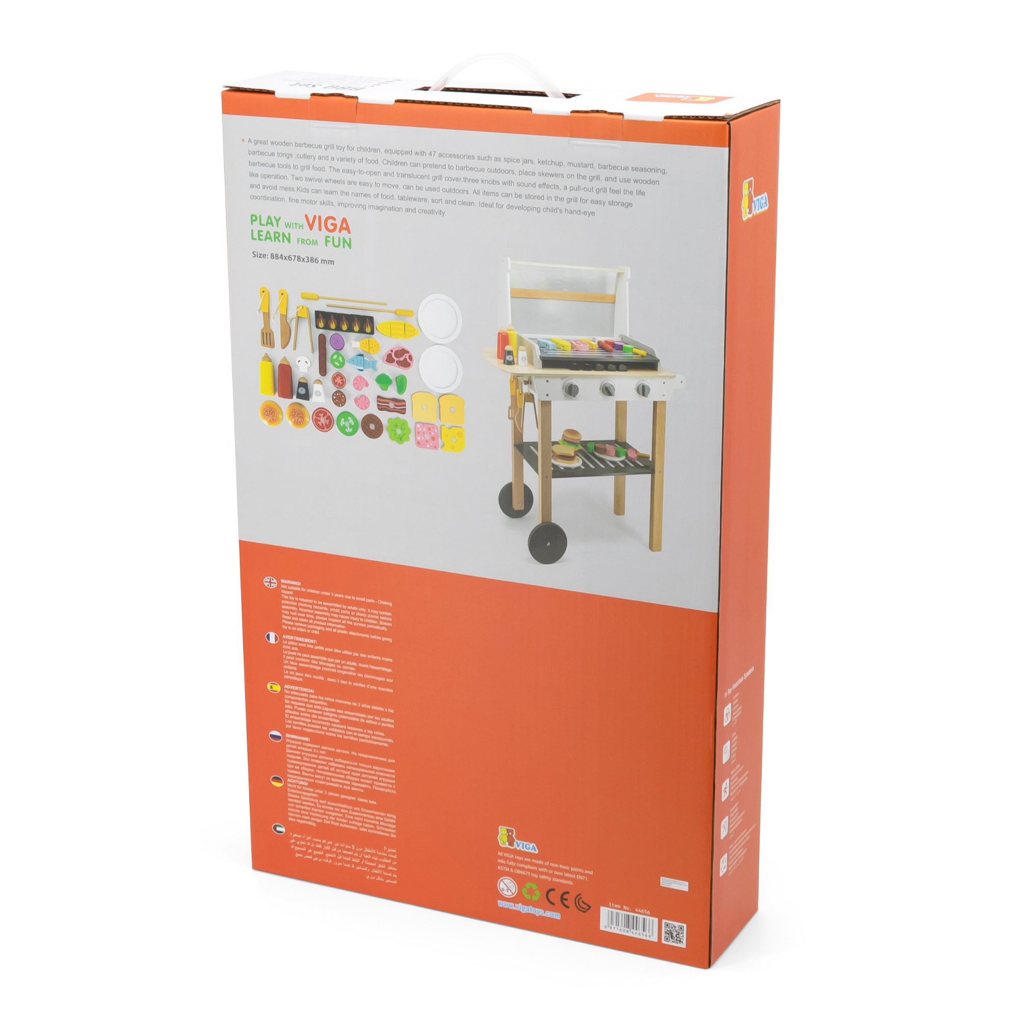 VIGA Wooden BBQ Grill Playset with 47 Accessories  Realistic Roleplay Toy with Sound Effects, Vegetables, Meat, and Grill Tools  Educational Toy for Kids